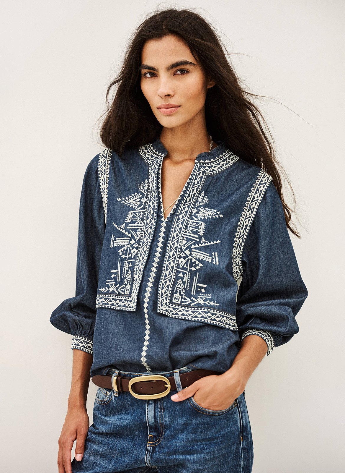 Straight tunic collar embroidered blouse BA&SH Blue
