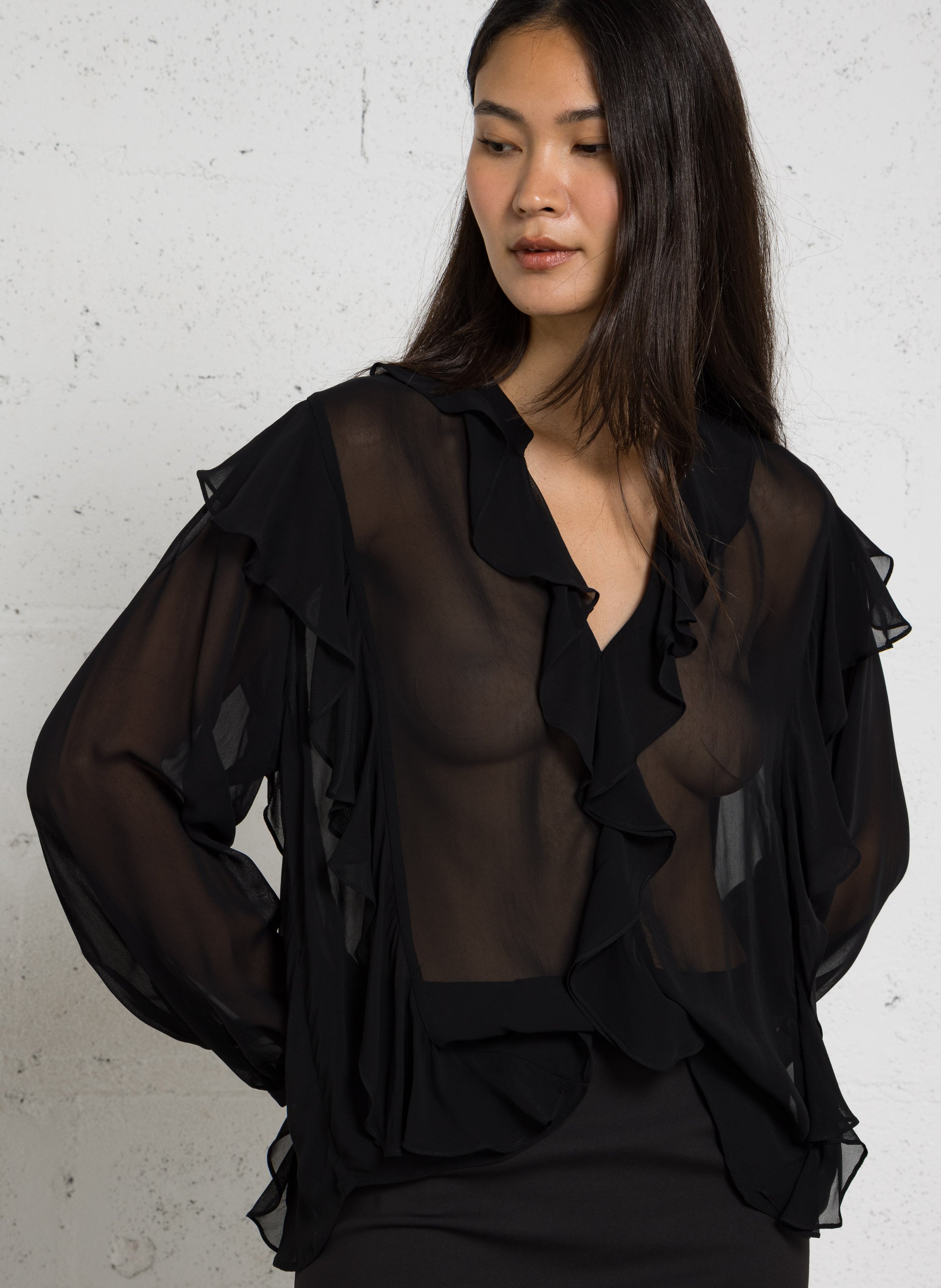 Plain loose-fitting V-neck ruffled blouse IKKS Black