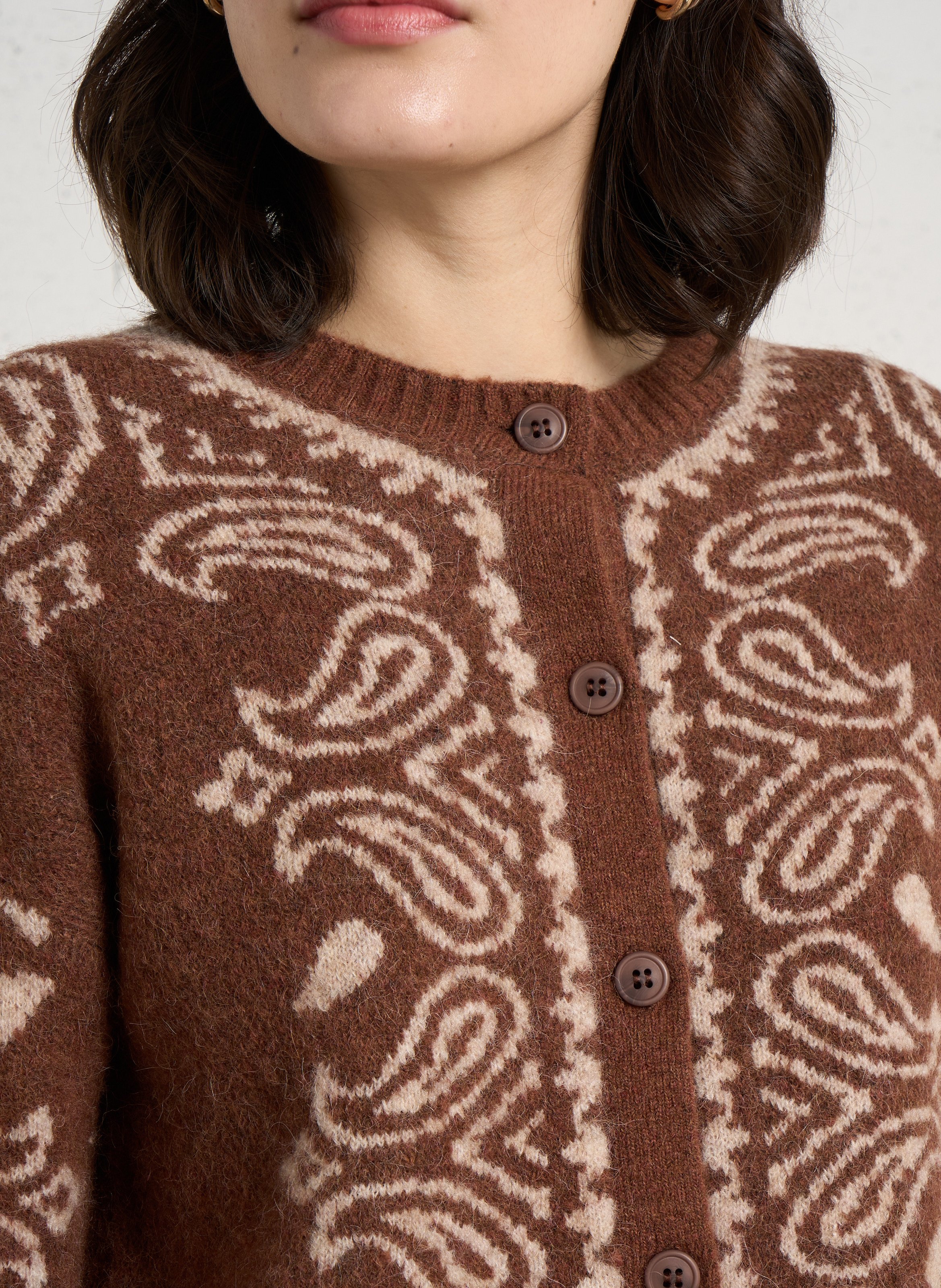 Straight round-neck printed cardigan SUD EXPRESS Brown