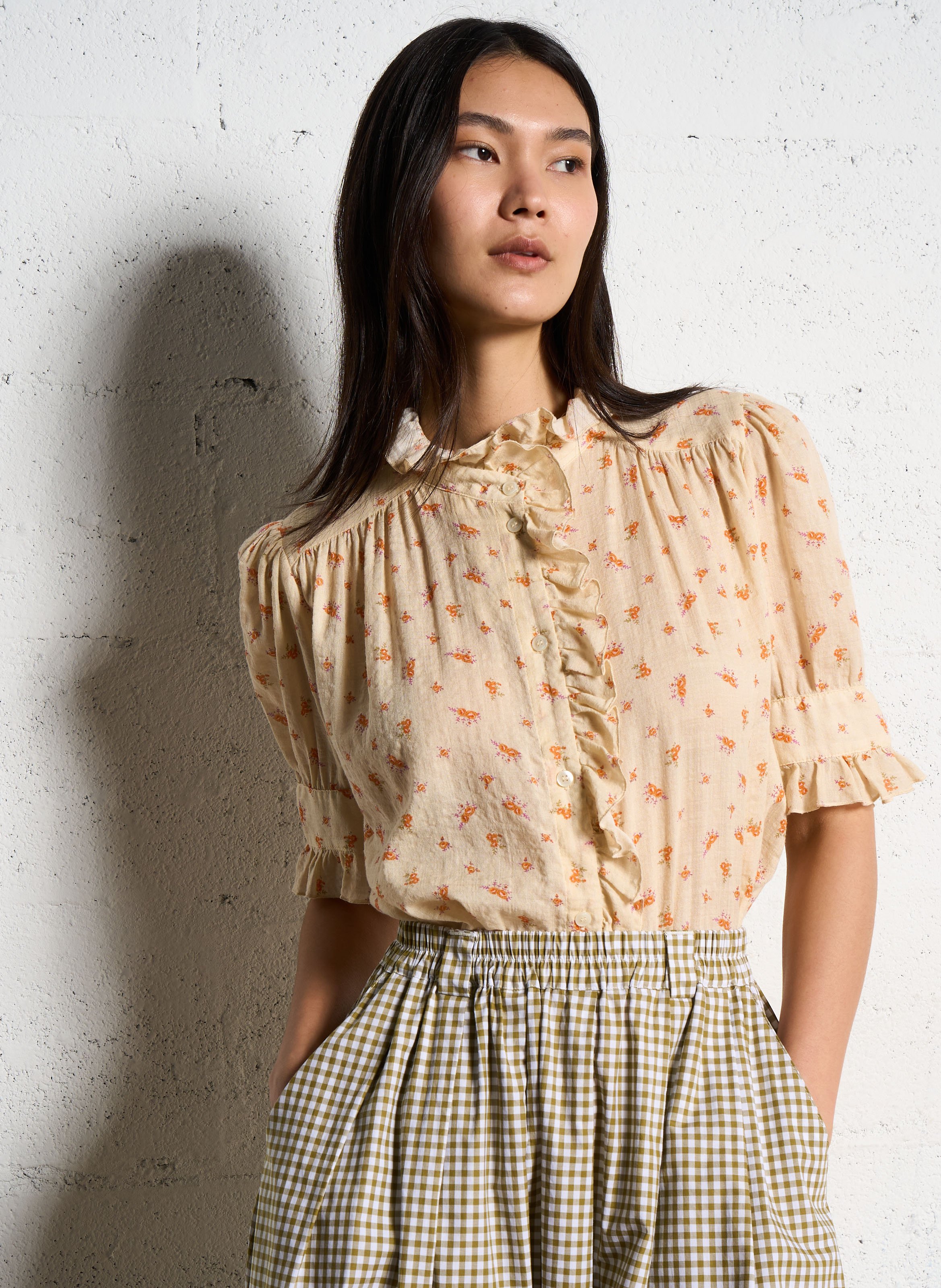 Bloemenprint top met ruches SUZIE WINKLE Beige