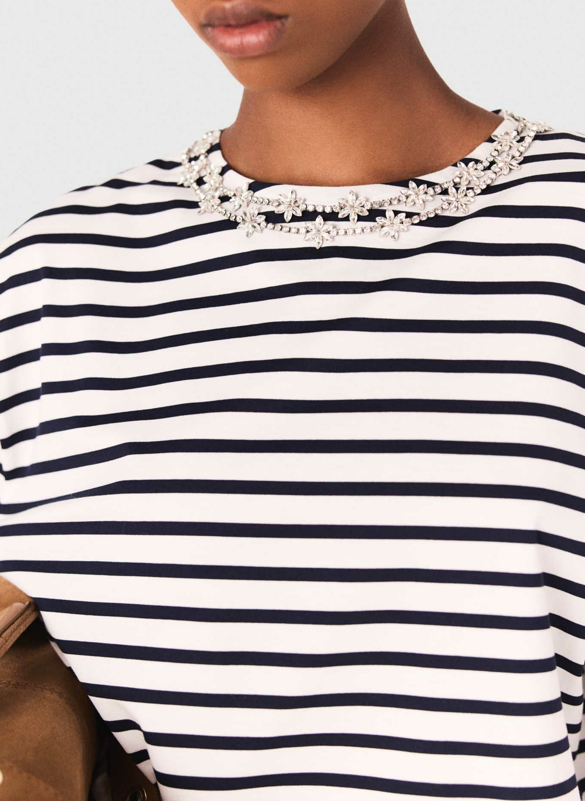 Oversized striped t-shirt with rhinestone collar MAJE White