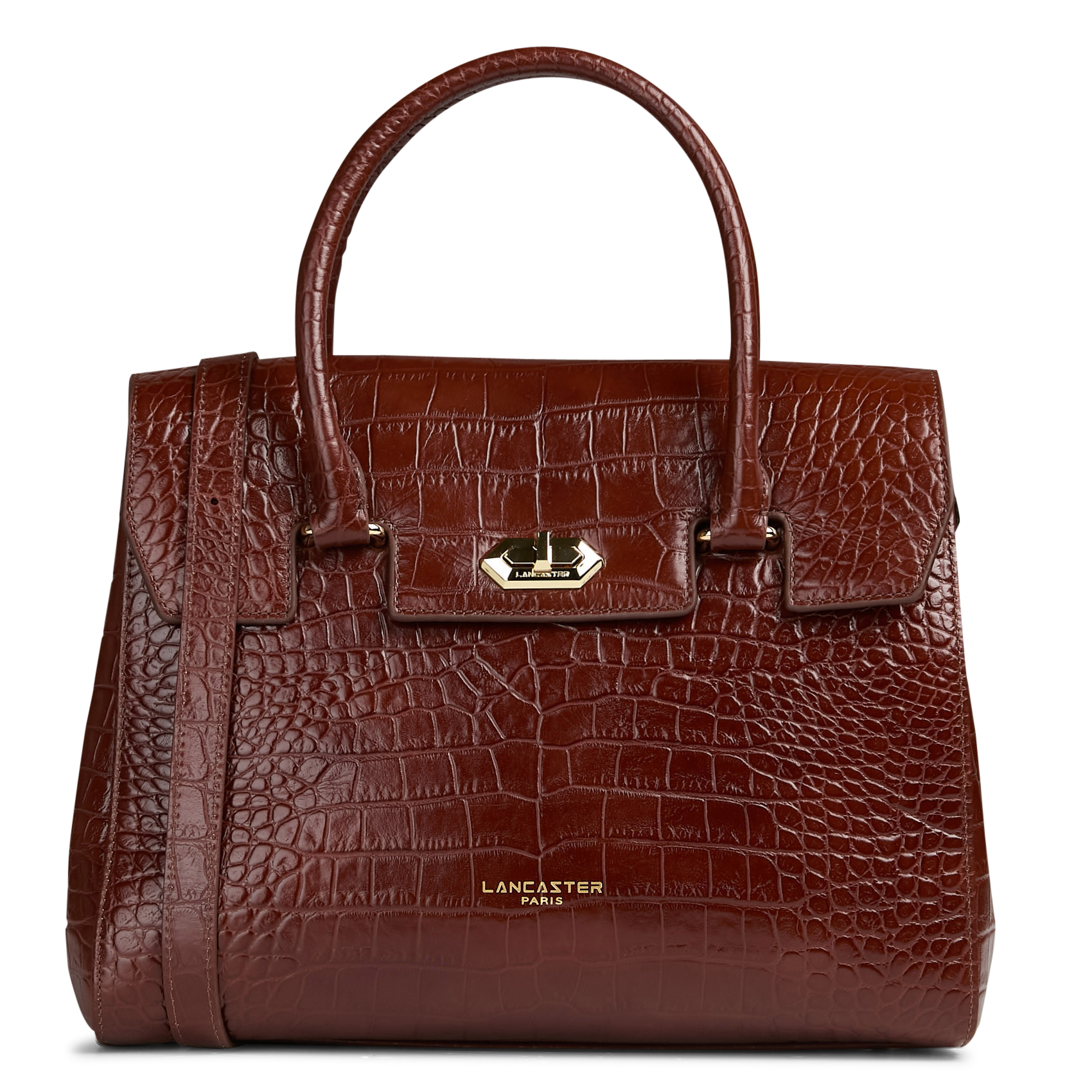 Croco embossed leather tote bag EXO Chataigne