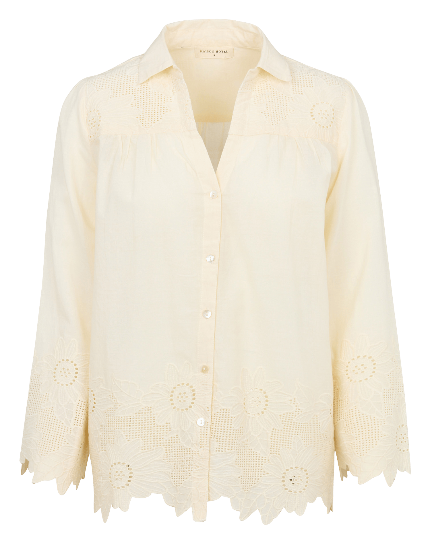 Gerade geschnittenes besticktes Baumwollhemd mit klassischem Kragen MAISON HOTEL Beige