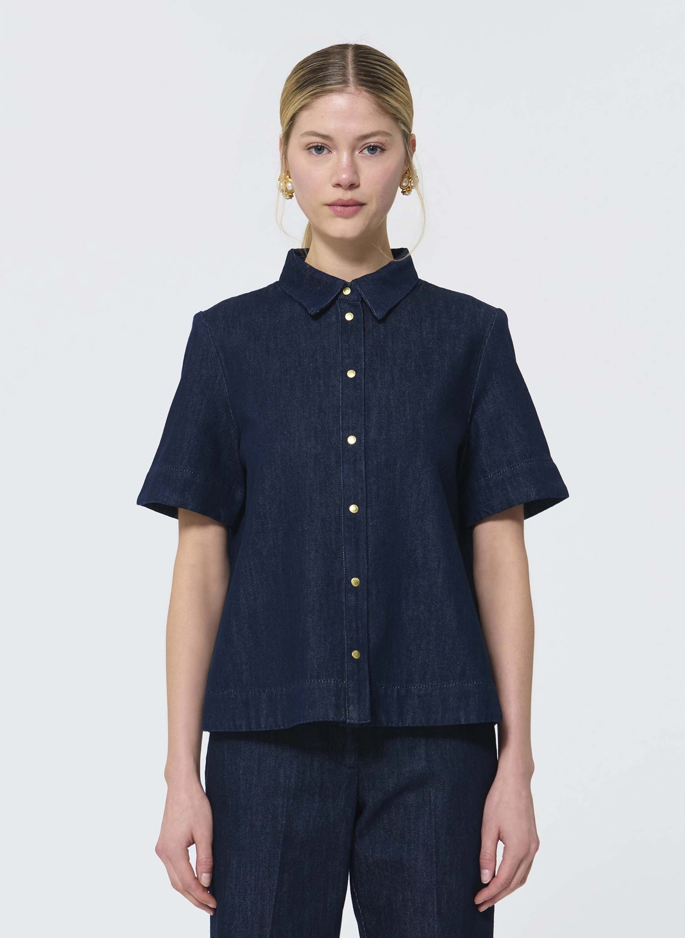 Chemise droite manches courtes en denim brut TARA JARMON Bleu