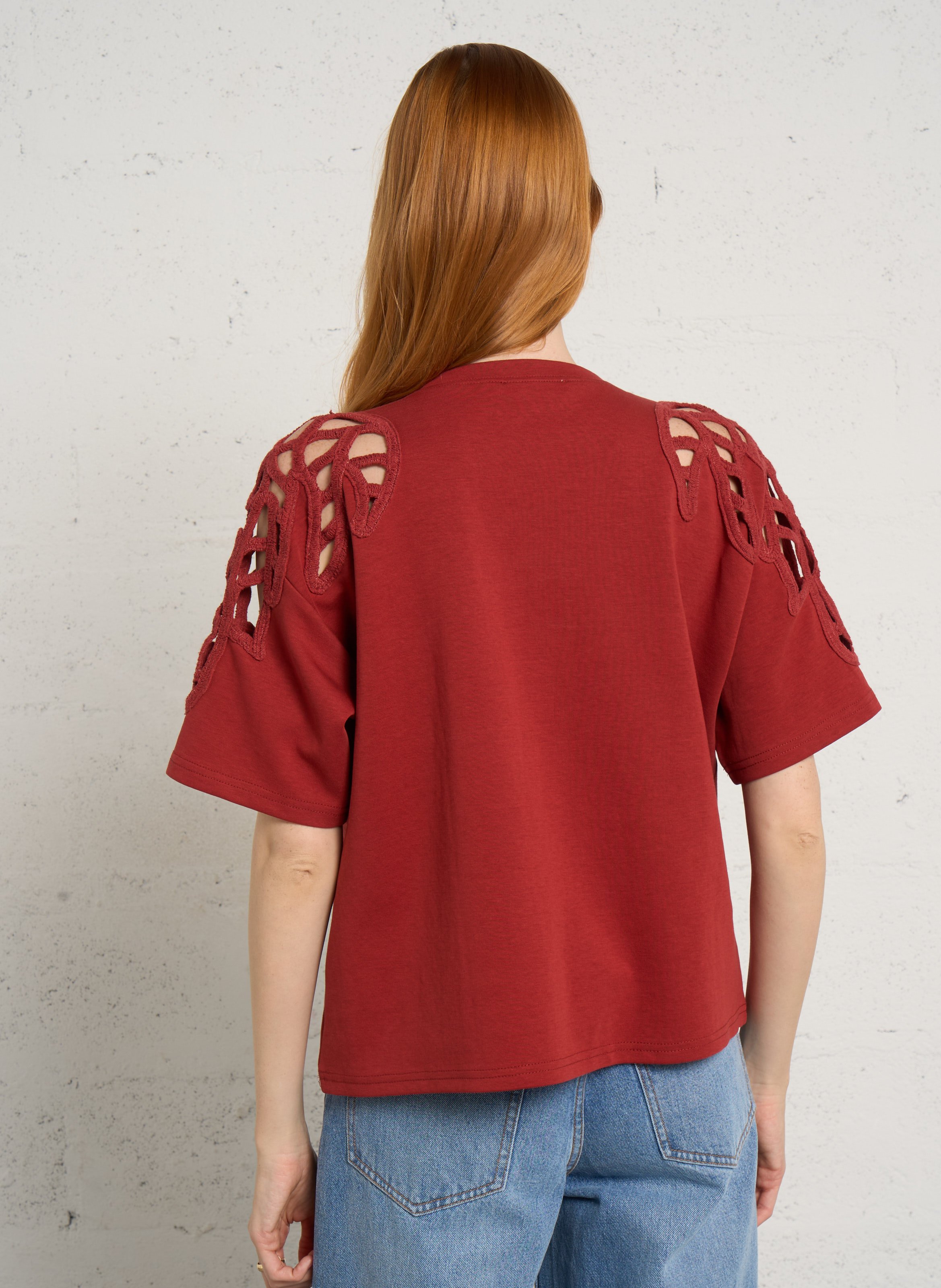 T-shirt ample col rond en coton mélangé Rouge