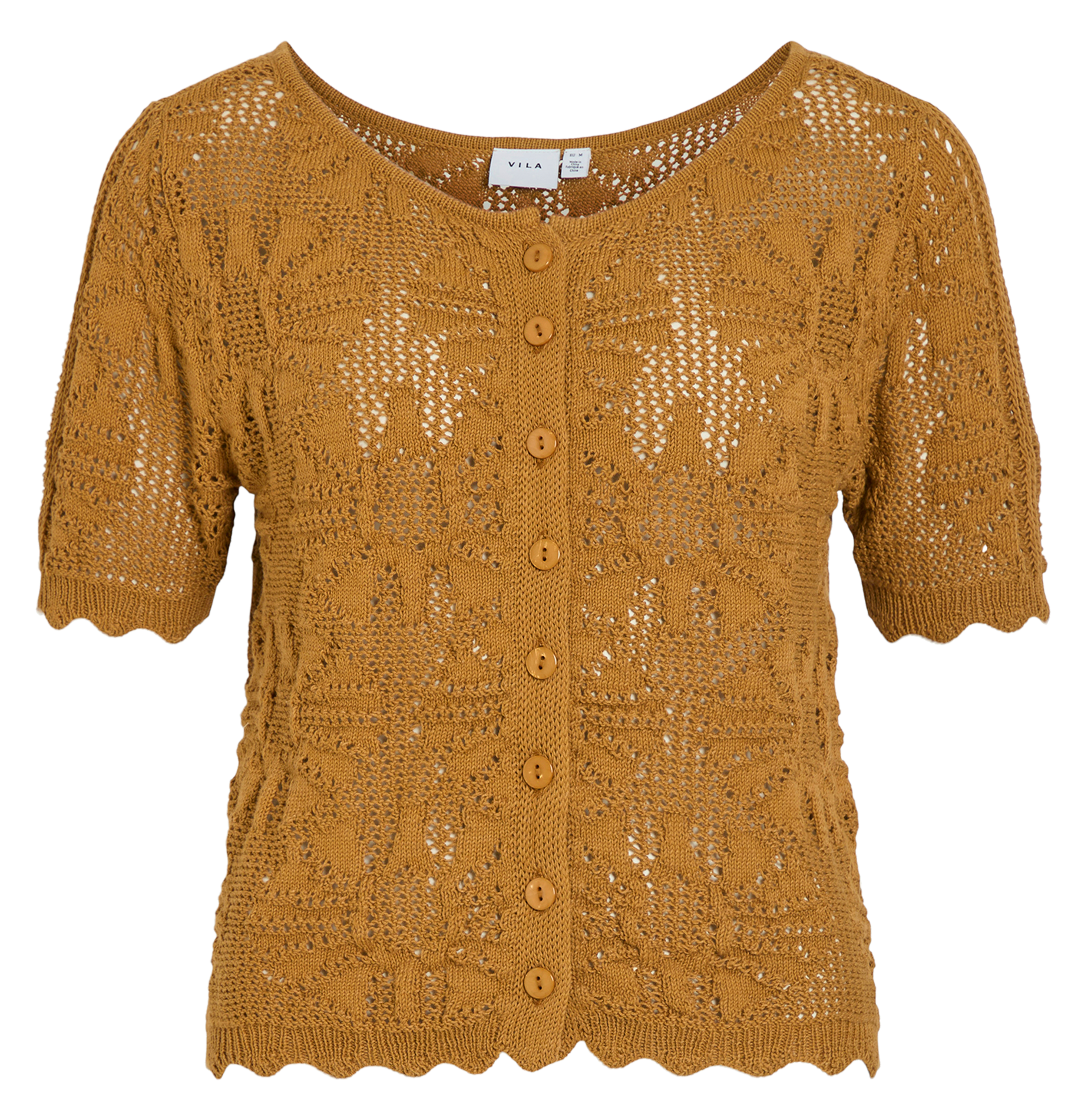 Chaleco recto de manga corta en encaje. Marron