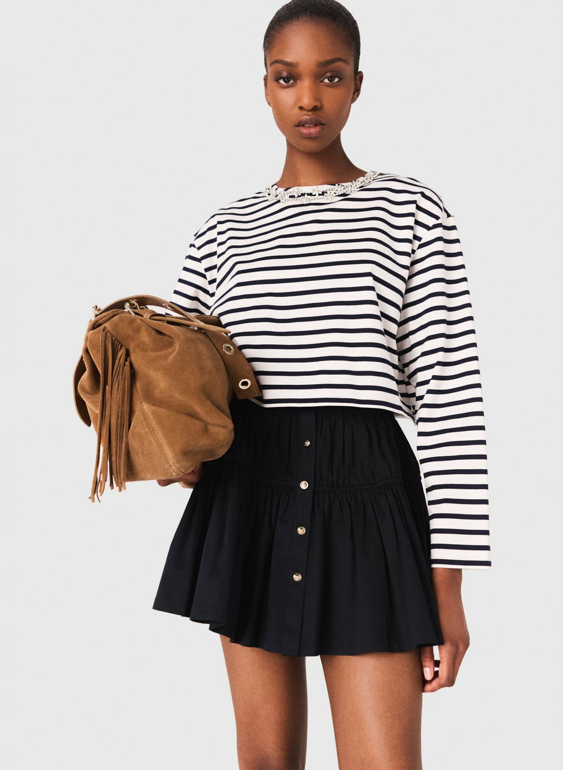 Oversized striped t-shirt with rhinestone collar MAJE White