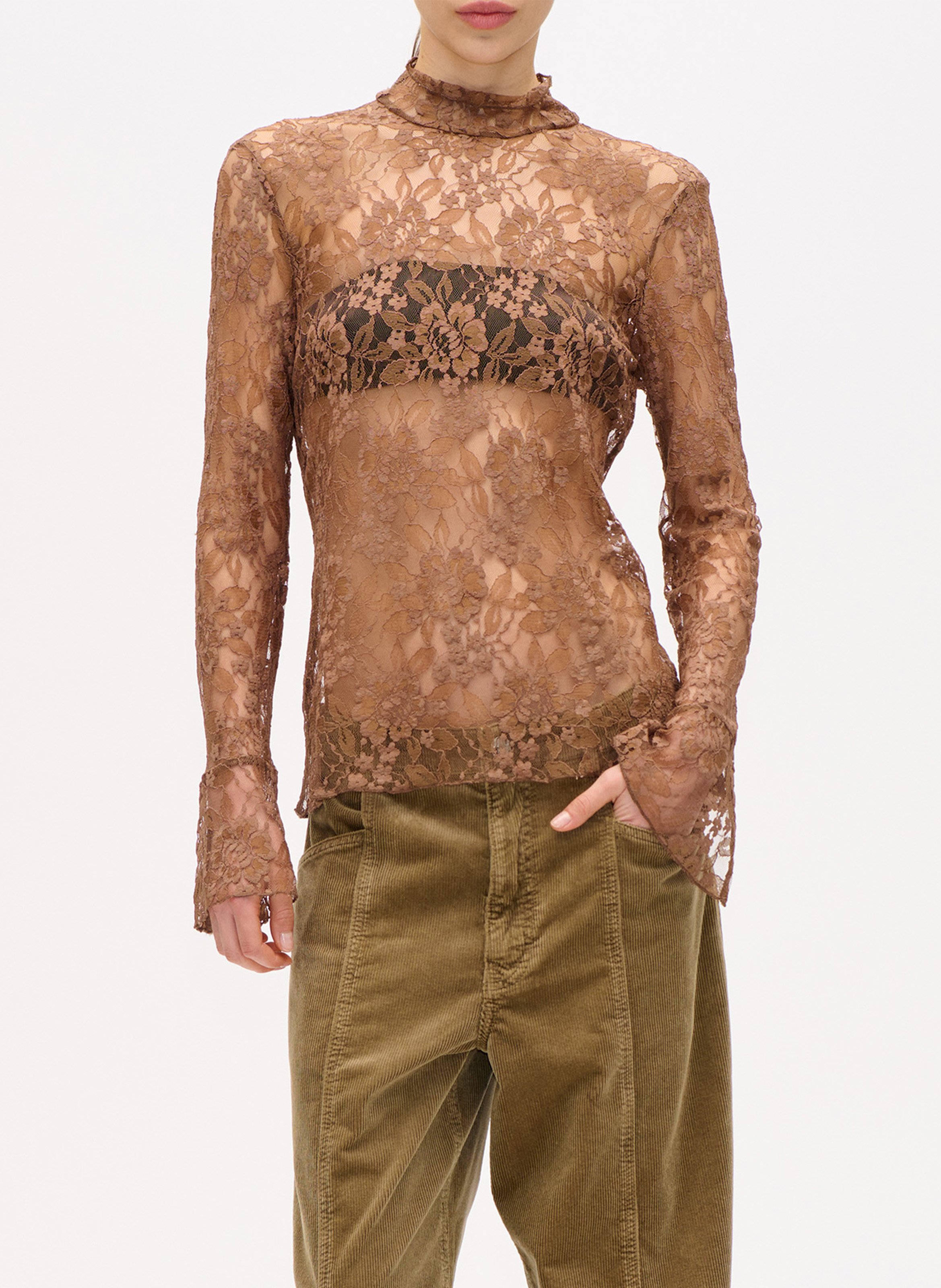 Straight lace top with high neck BAUM UND PFERDGARTEN Brown
