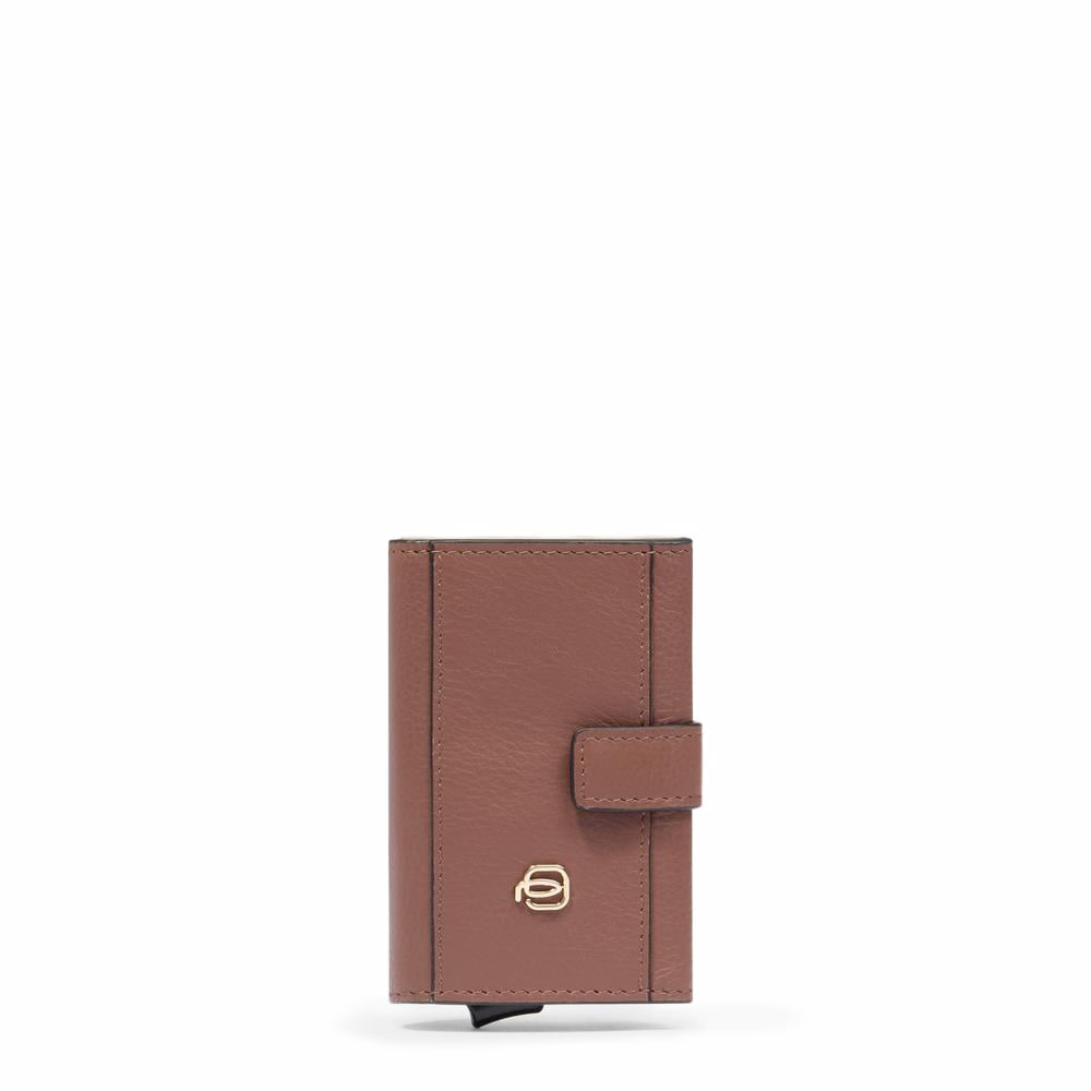 Automatic flap card holder in leather and metal with RFID protection PIQUADRO Brown