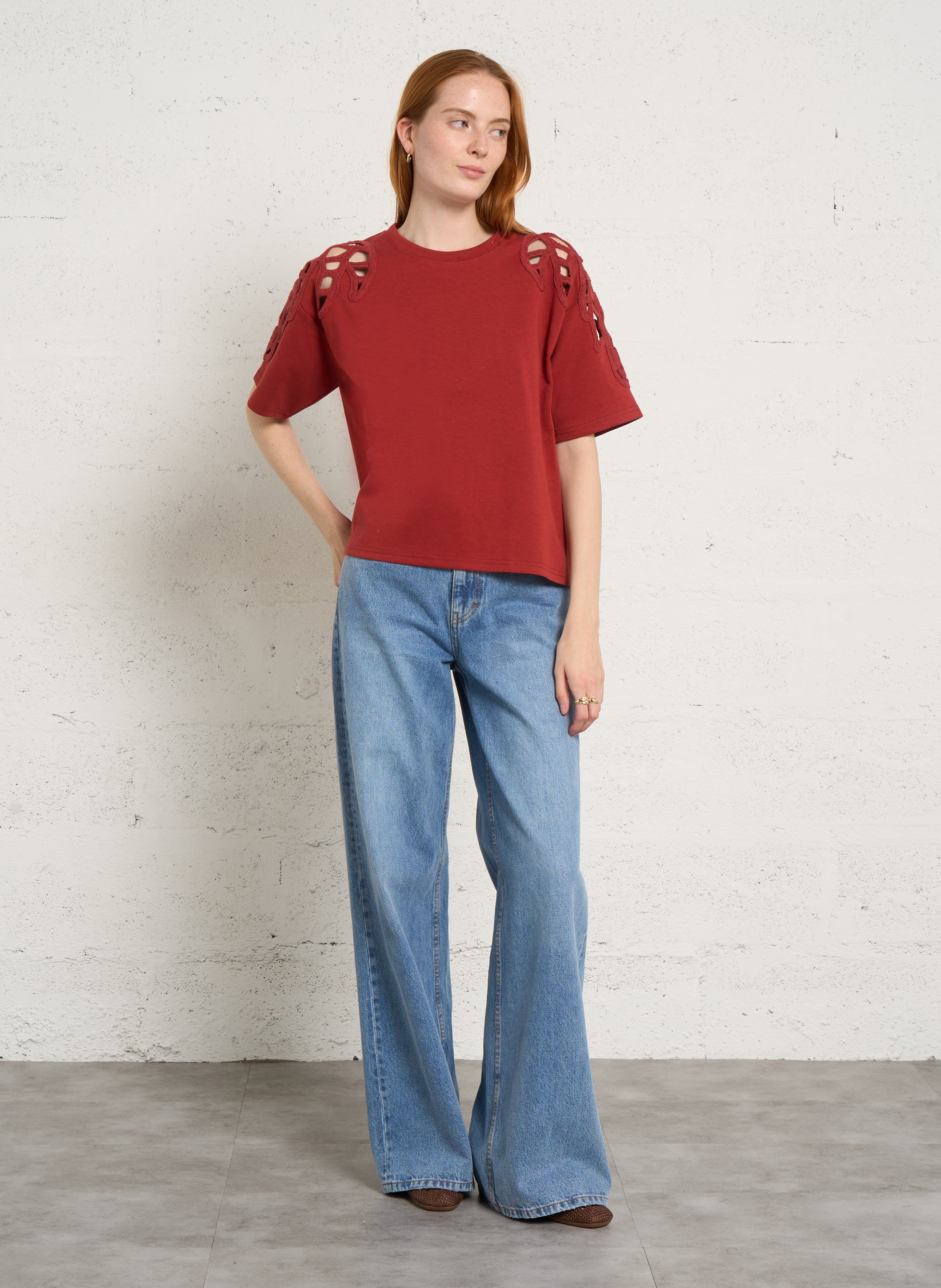 T-shirt ample col rond en coton mélangé Rouge