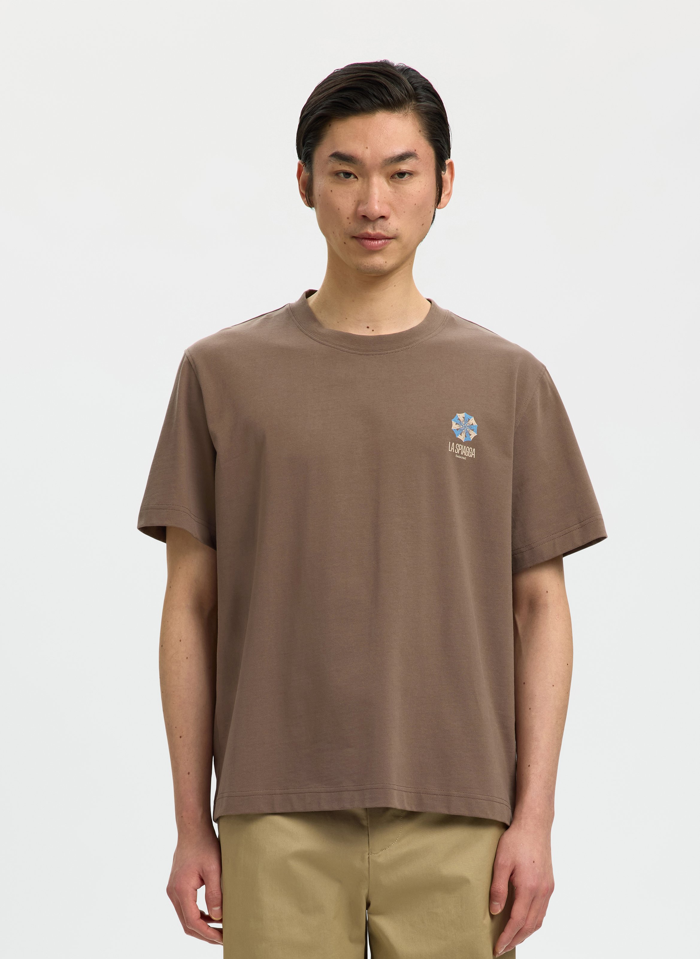 Oversized round neck organic cotton t-shirt SELECTED Brown