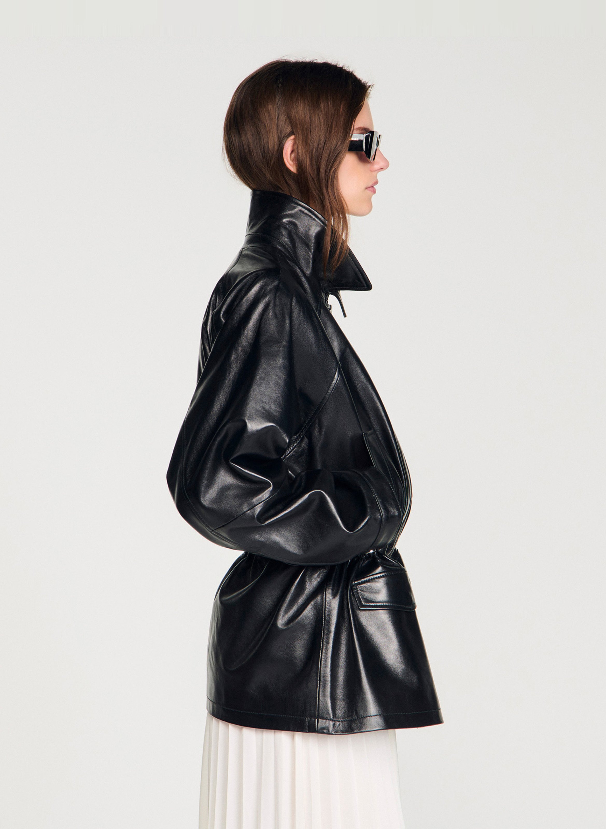 Lambskin leather jacket with classic collar SANDRO Black