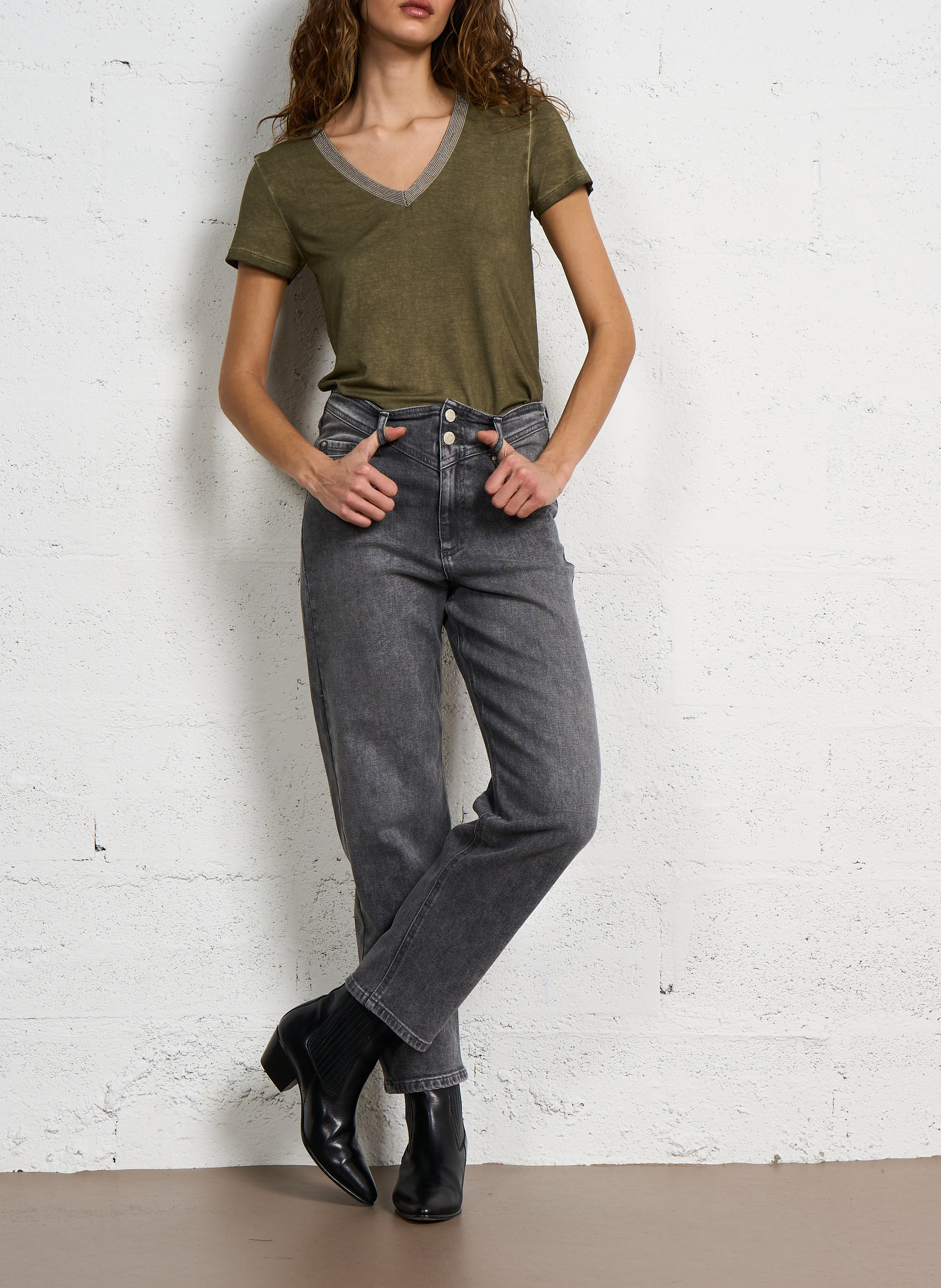 Straight-leg faded cotton jeans IKKS Grey