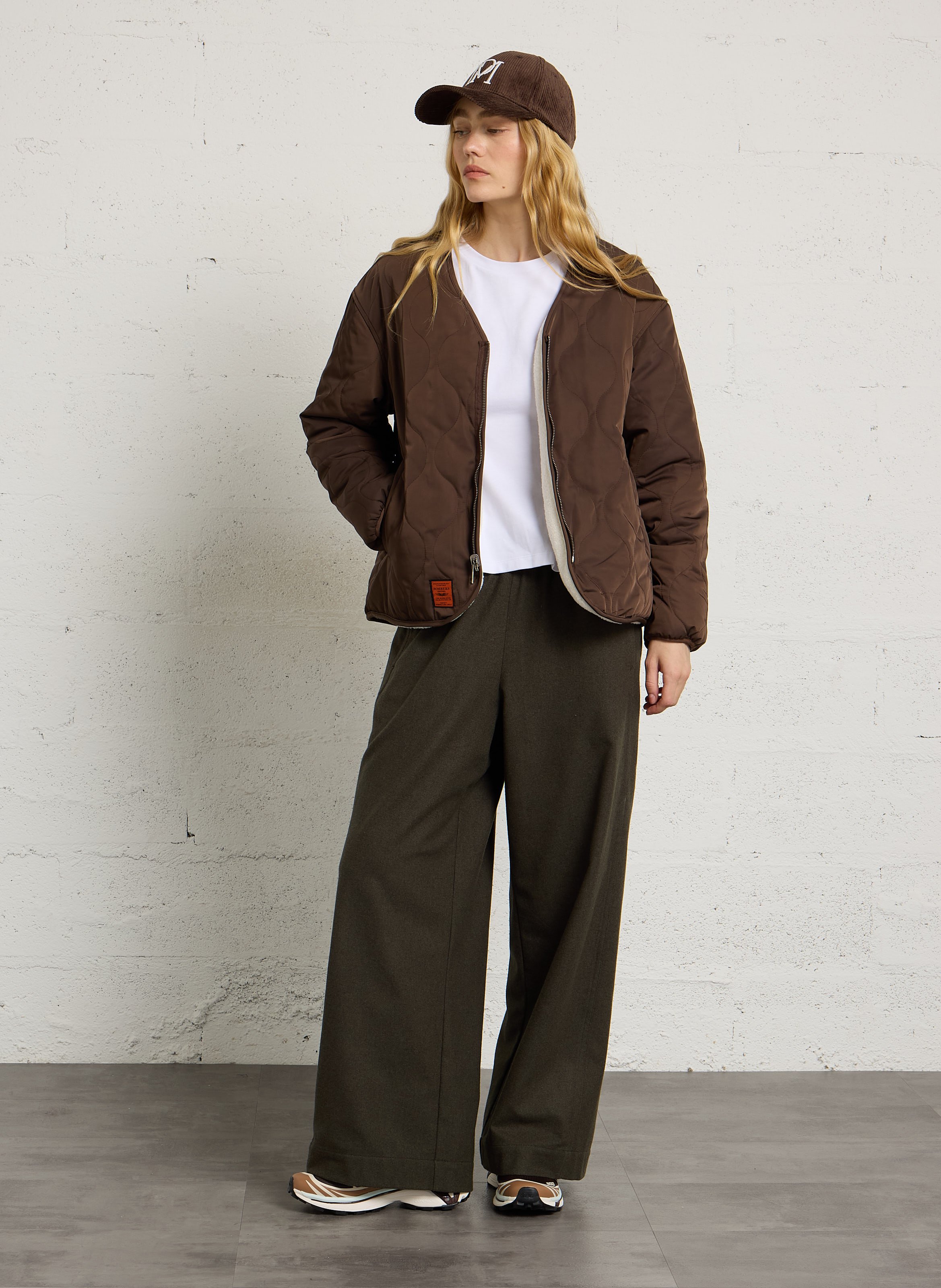 Quilted straight V-neck jacket BOMBERS ORIGINAL Brown