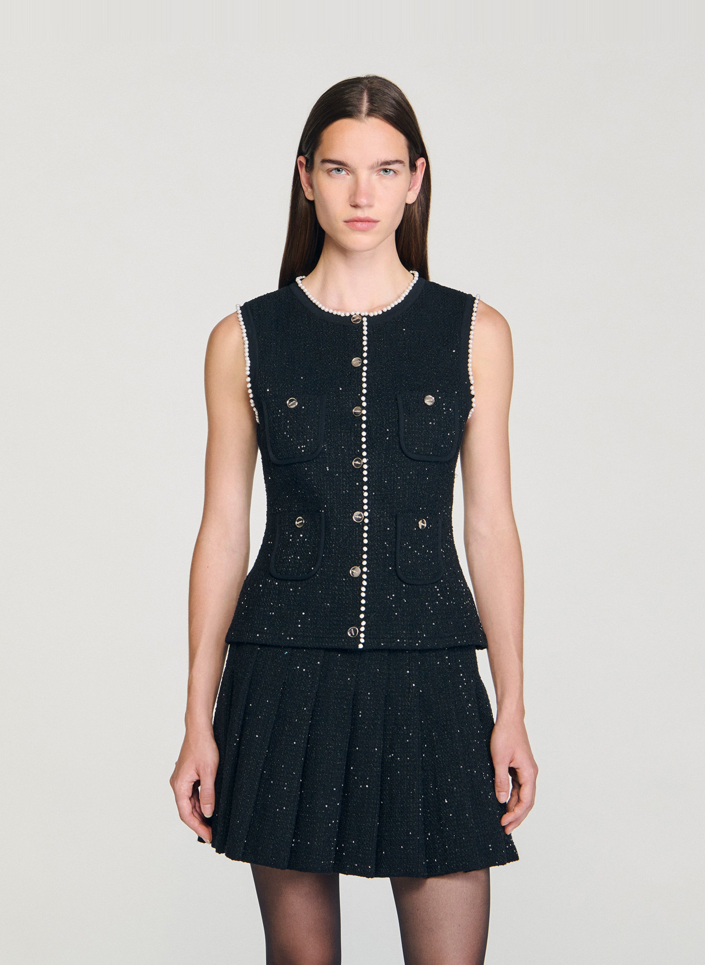 Cardigan boutonné en tweed fantaisie SANDRO Noir