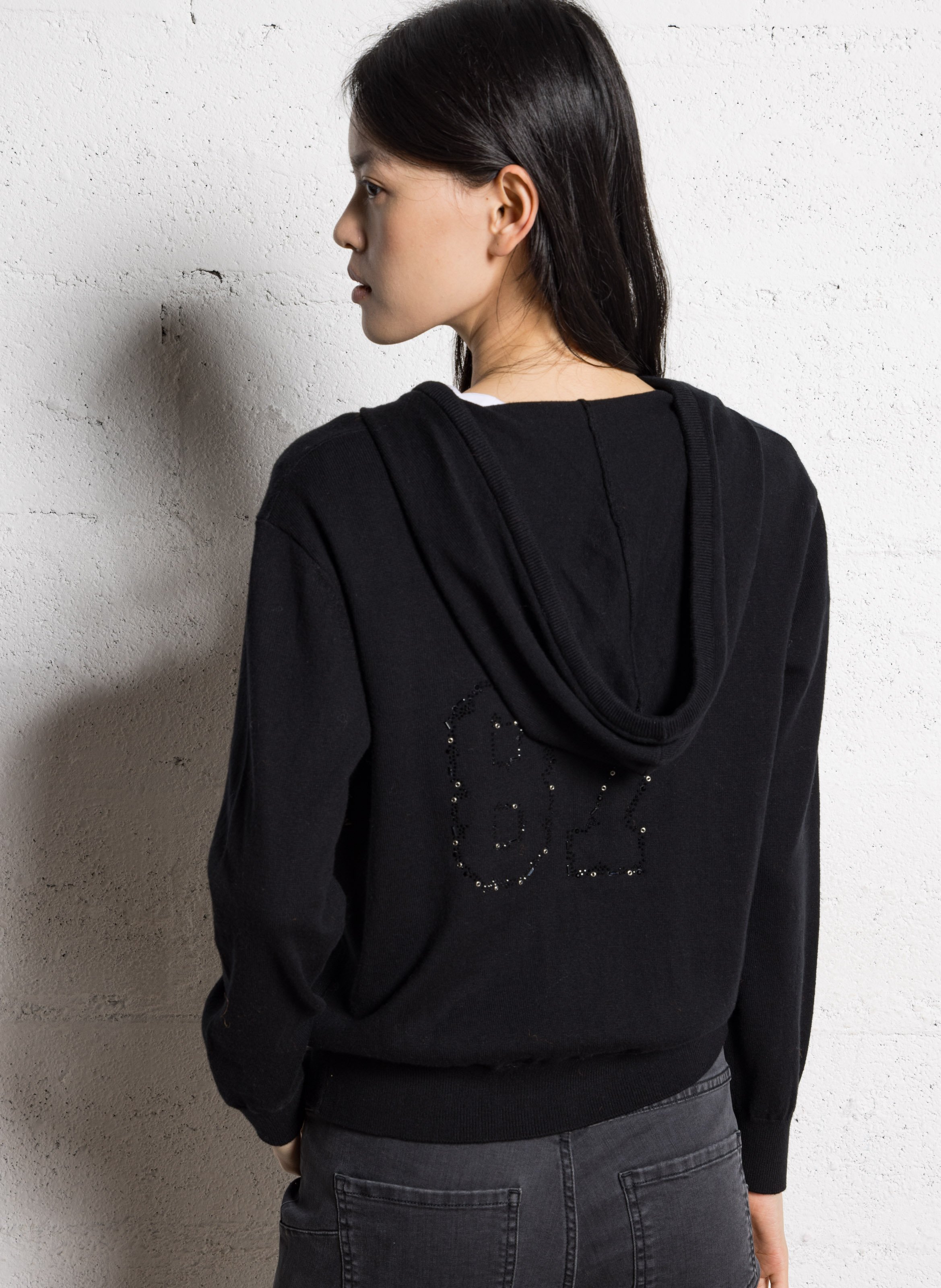 Straight hooded vest in cotton and cashmere IKKS Black