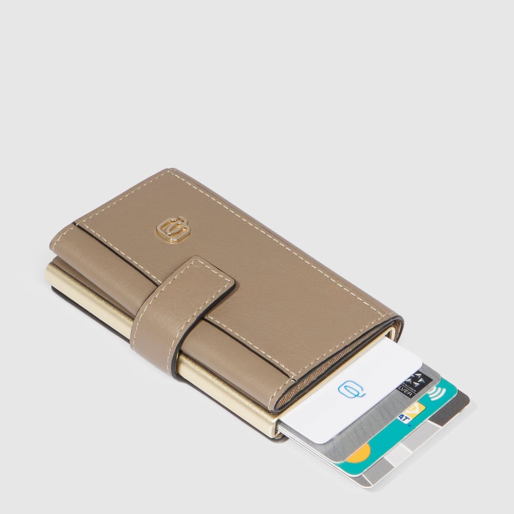 Automatic flap card holder in leather and metal with RFID protection PIQUADRO Brown