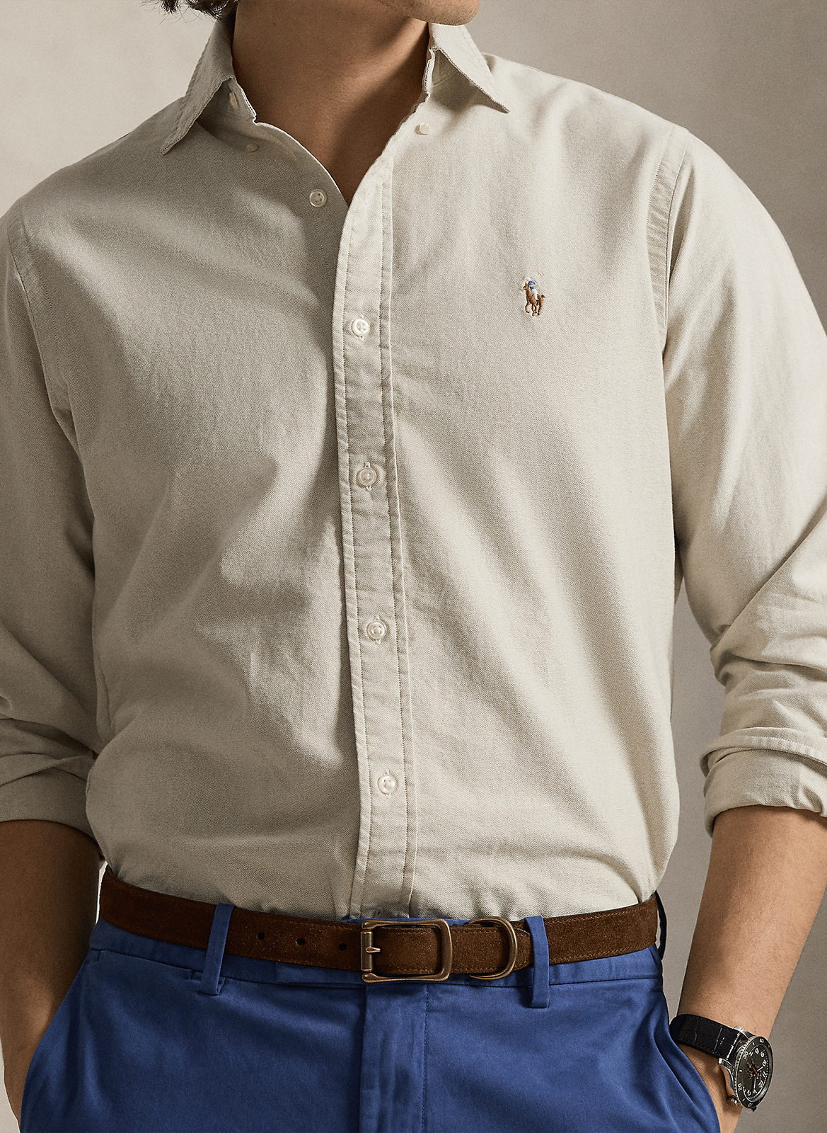 Chemise col classique manches contrastantes en coton POLO RALPH LAUREN Beige