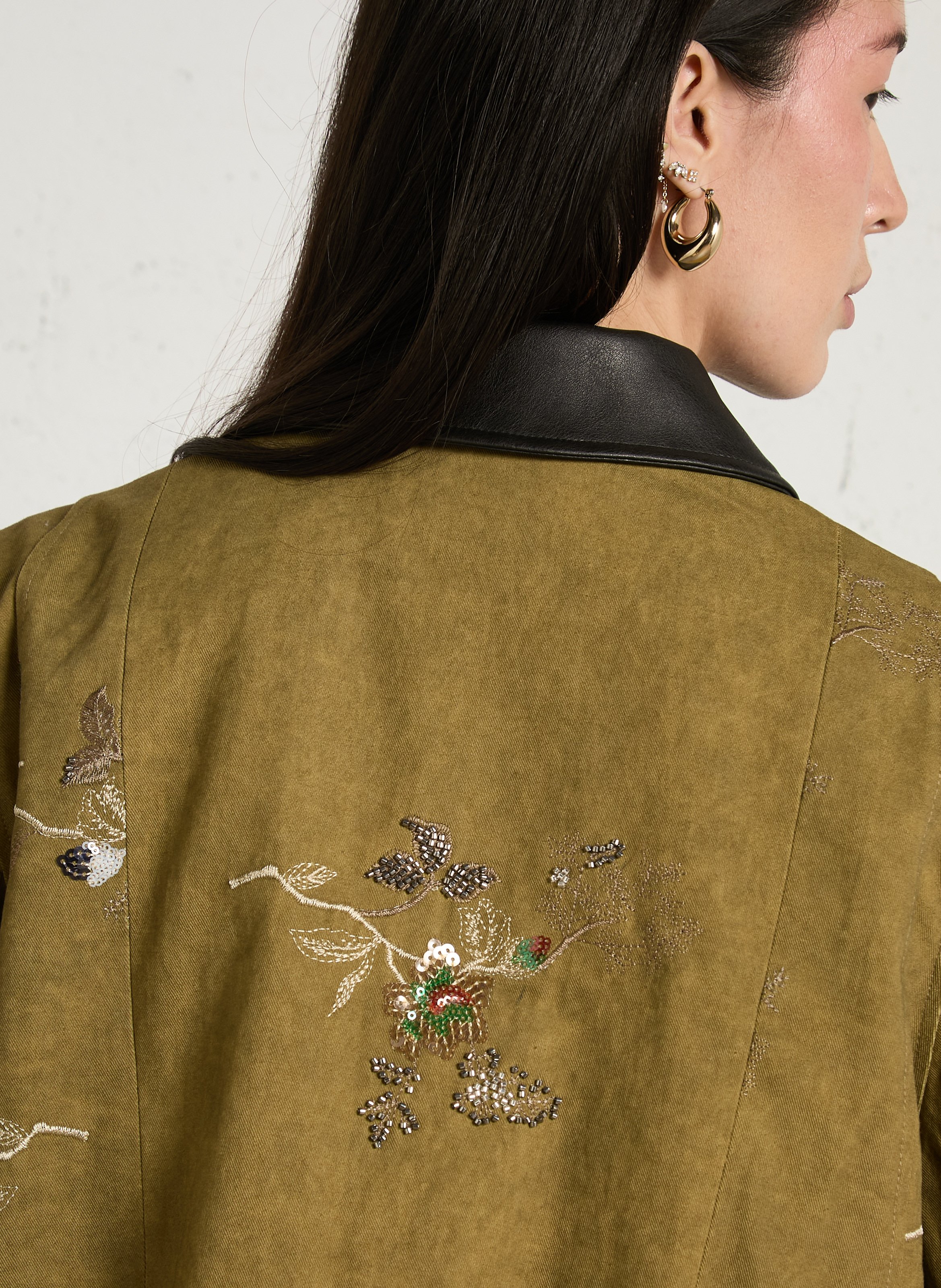 Oversized jacket with classic collar embellished with sequins and pearls in cotton. BERENICE Khaki
