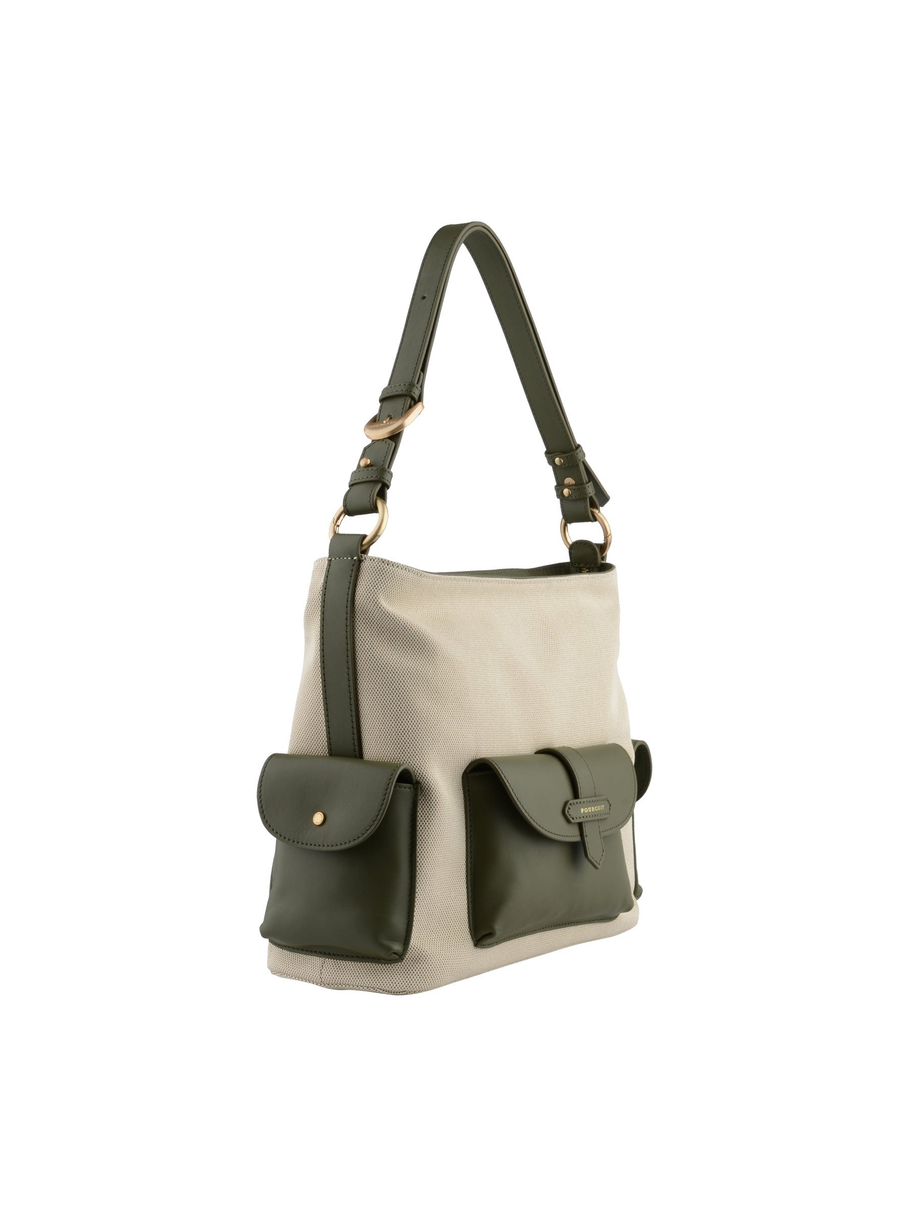 Calfskin leather shoulder bag POURCHET Khaki