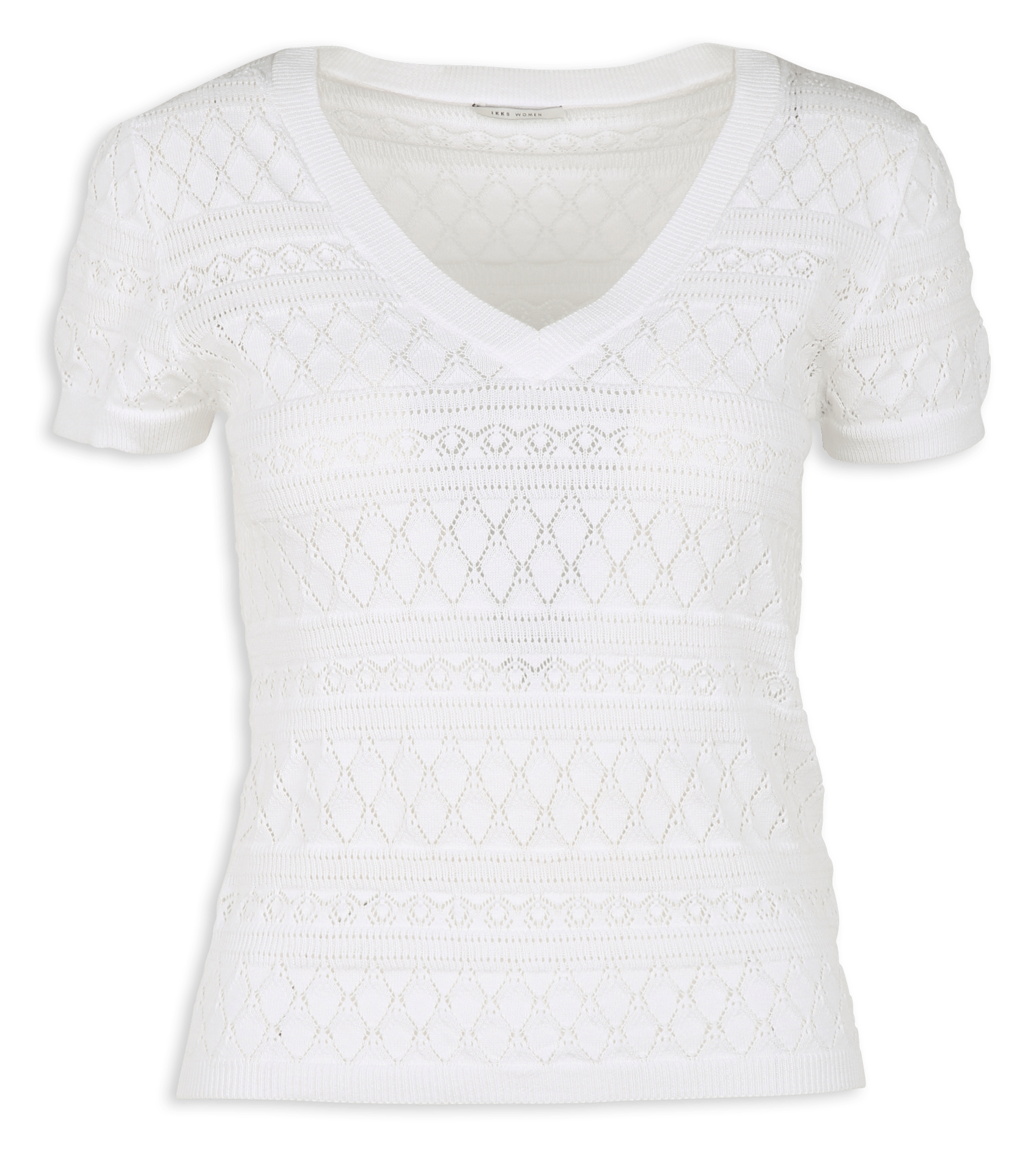 Straight V-neck knit pullover in pointelle stitch IKKS White