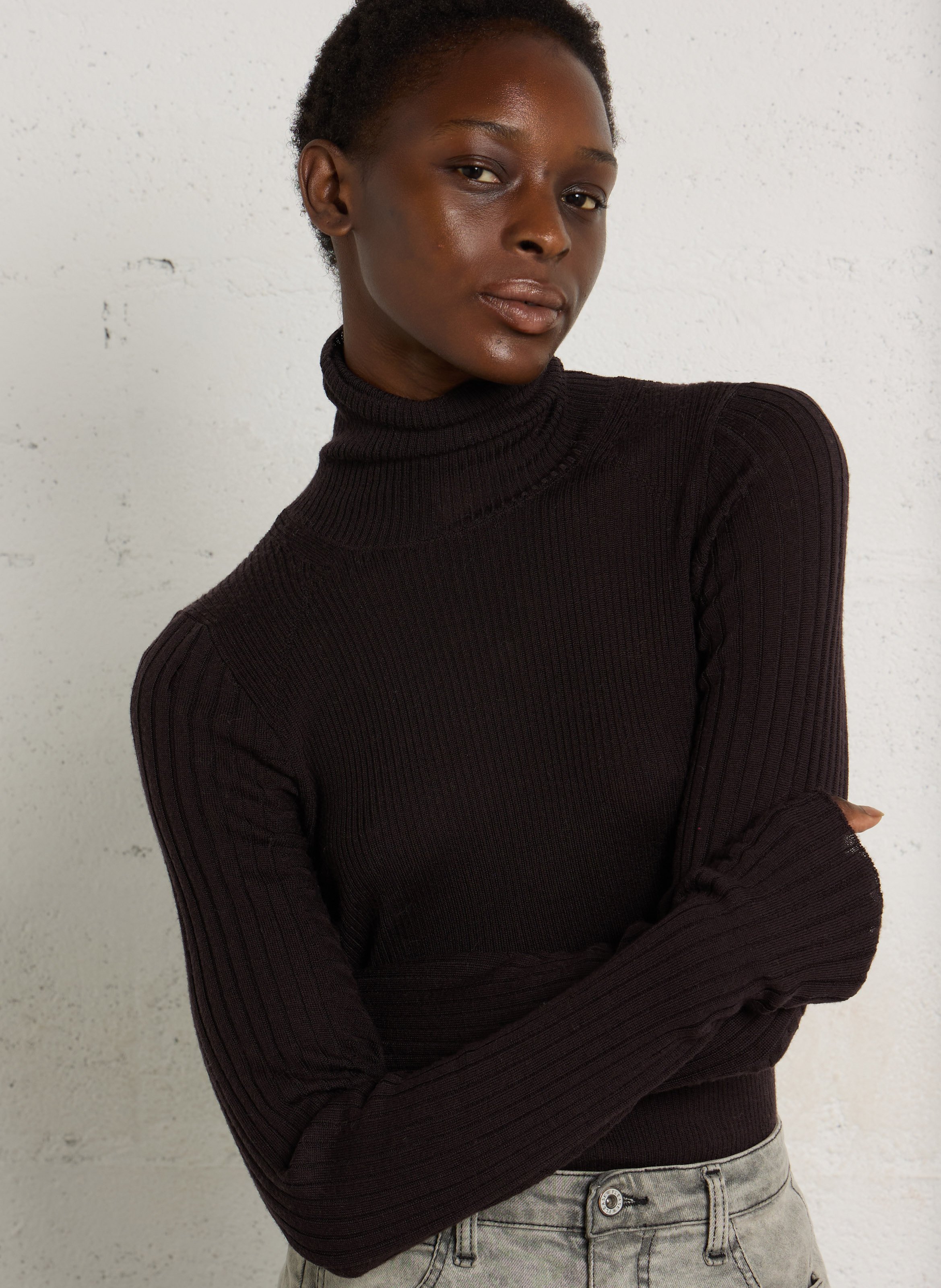 Pull droit col montant en laine BELLEROSE Marron