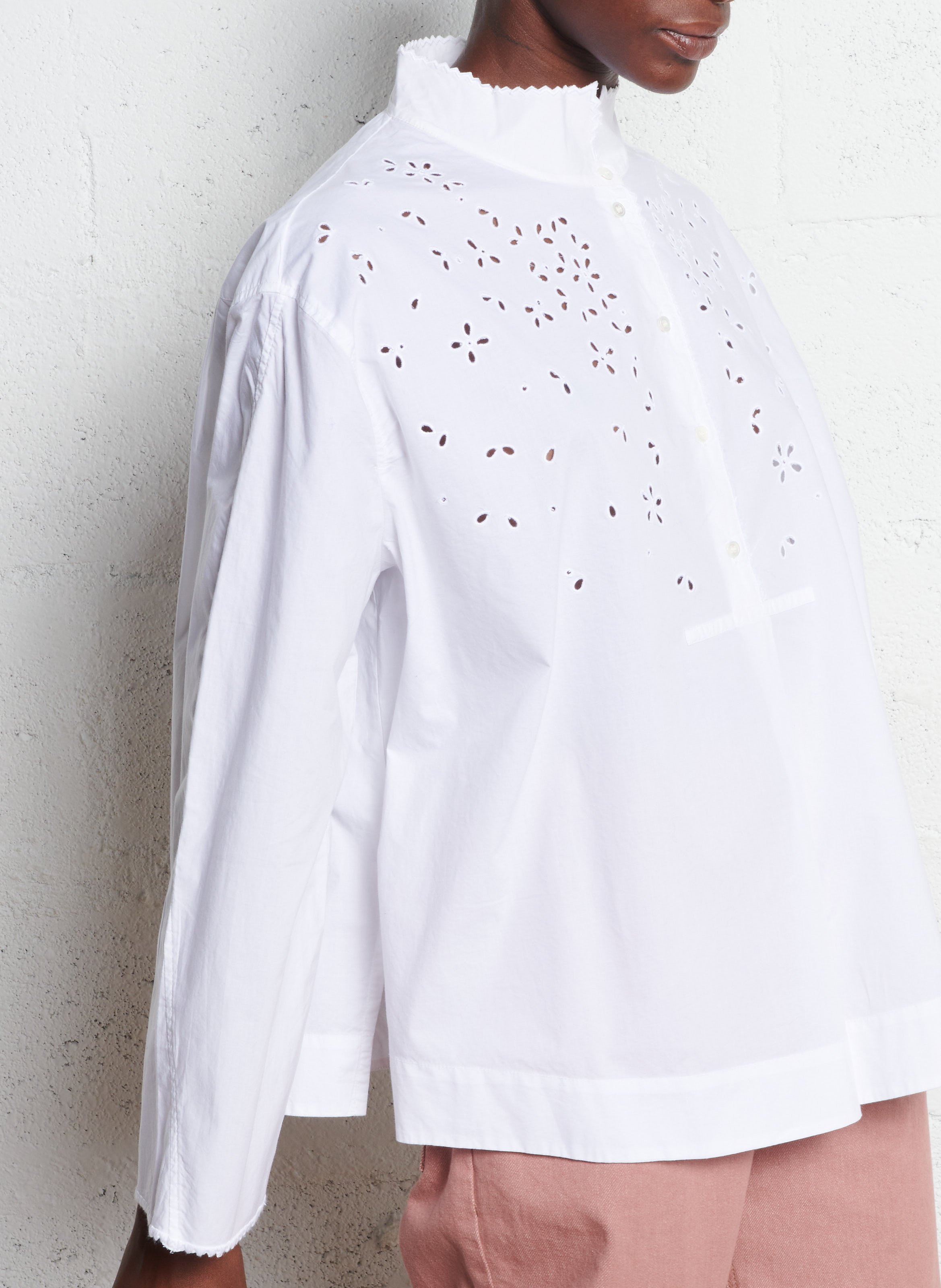 Chemise brodée col montant en popeline de coton SOEUR Blanc