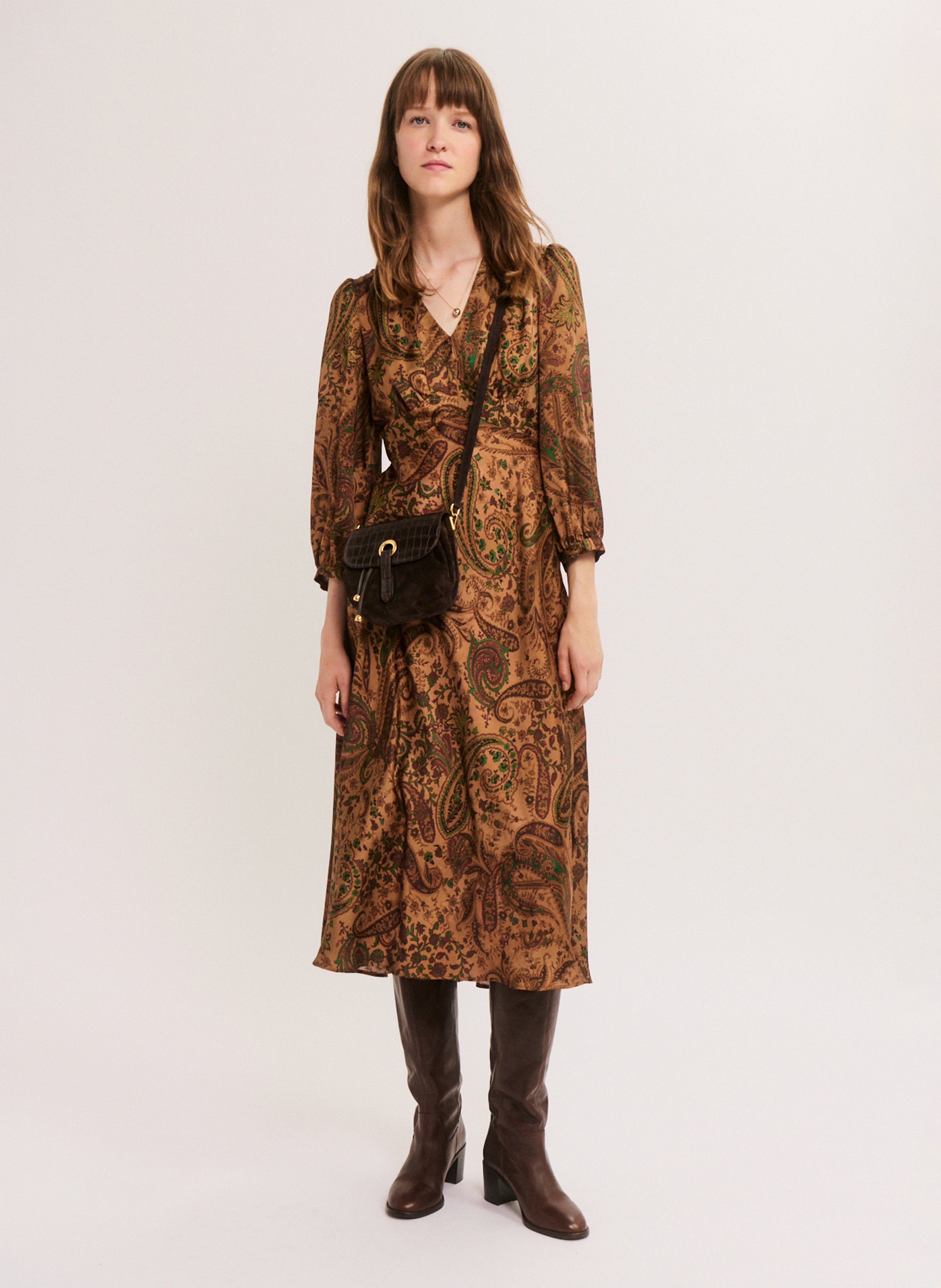 Robe midi cintrée fluide PABLO Marron