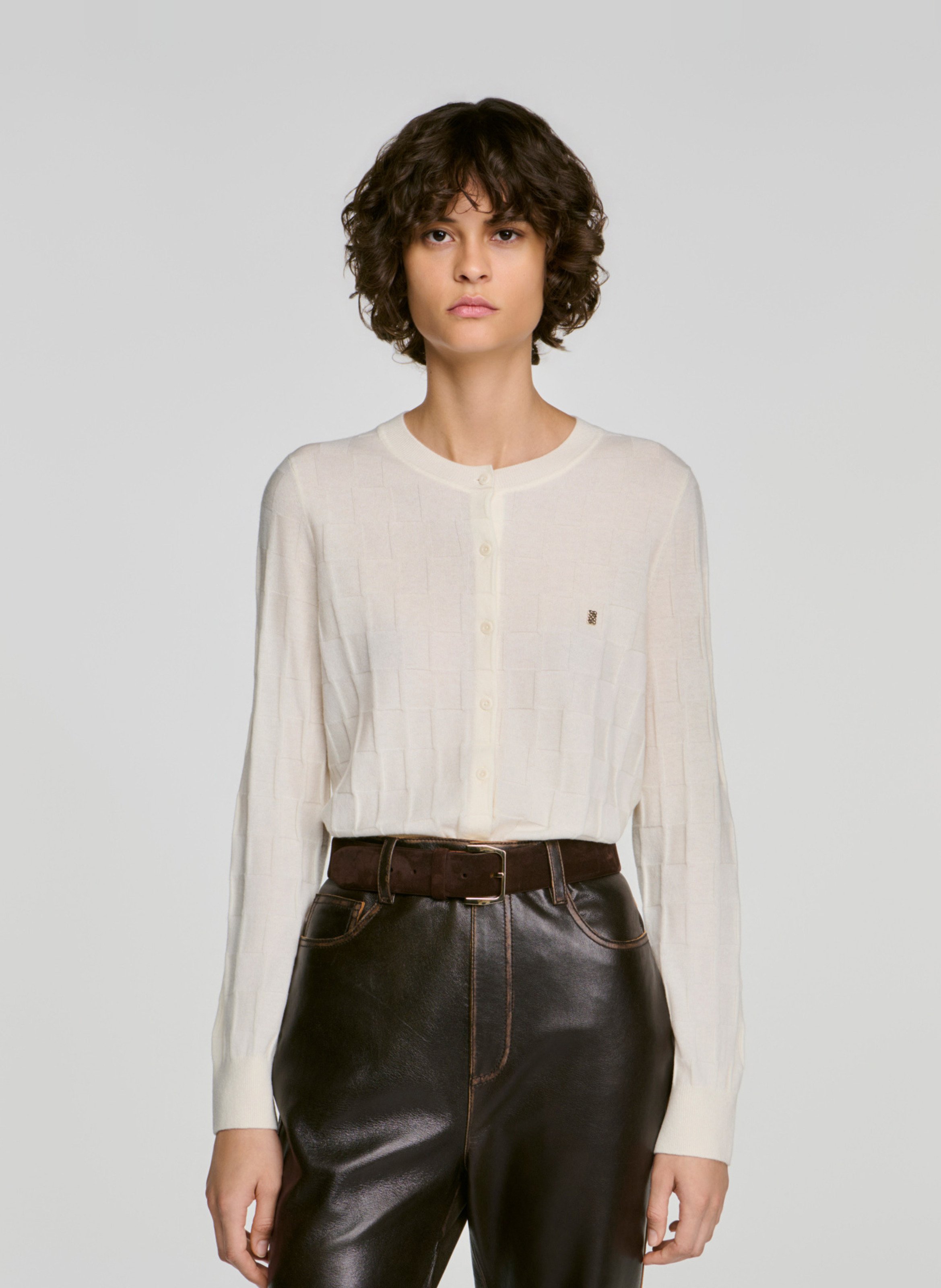 Cardigan col rond uni en laine SANDRO Beige