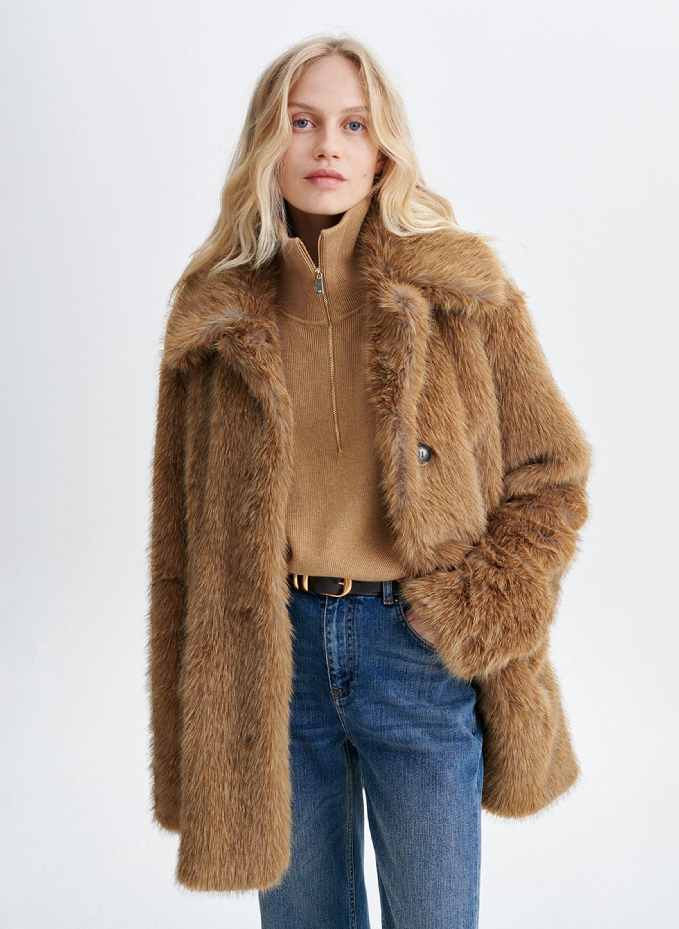 Manteau col classique en fourrure VANESSA BRUNO Beige