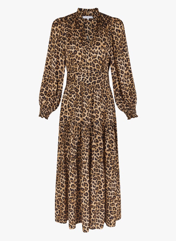 Robe midi satinee imprime leopard Marron