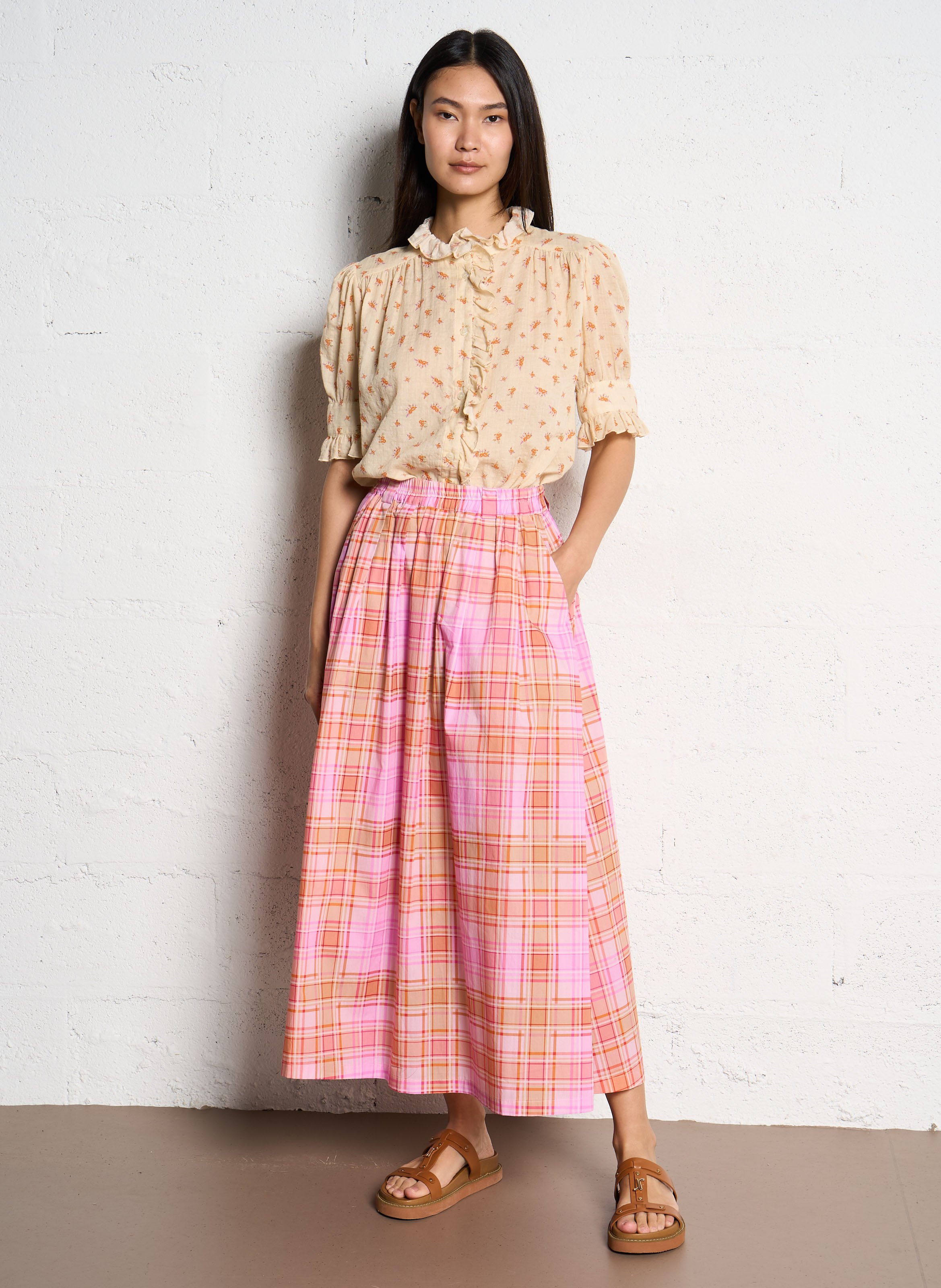 Jupe évasée midi à carreaux en coton SUZIE WINKLE Rose