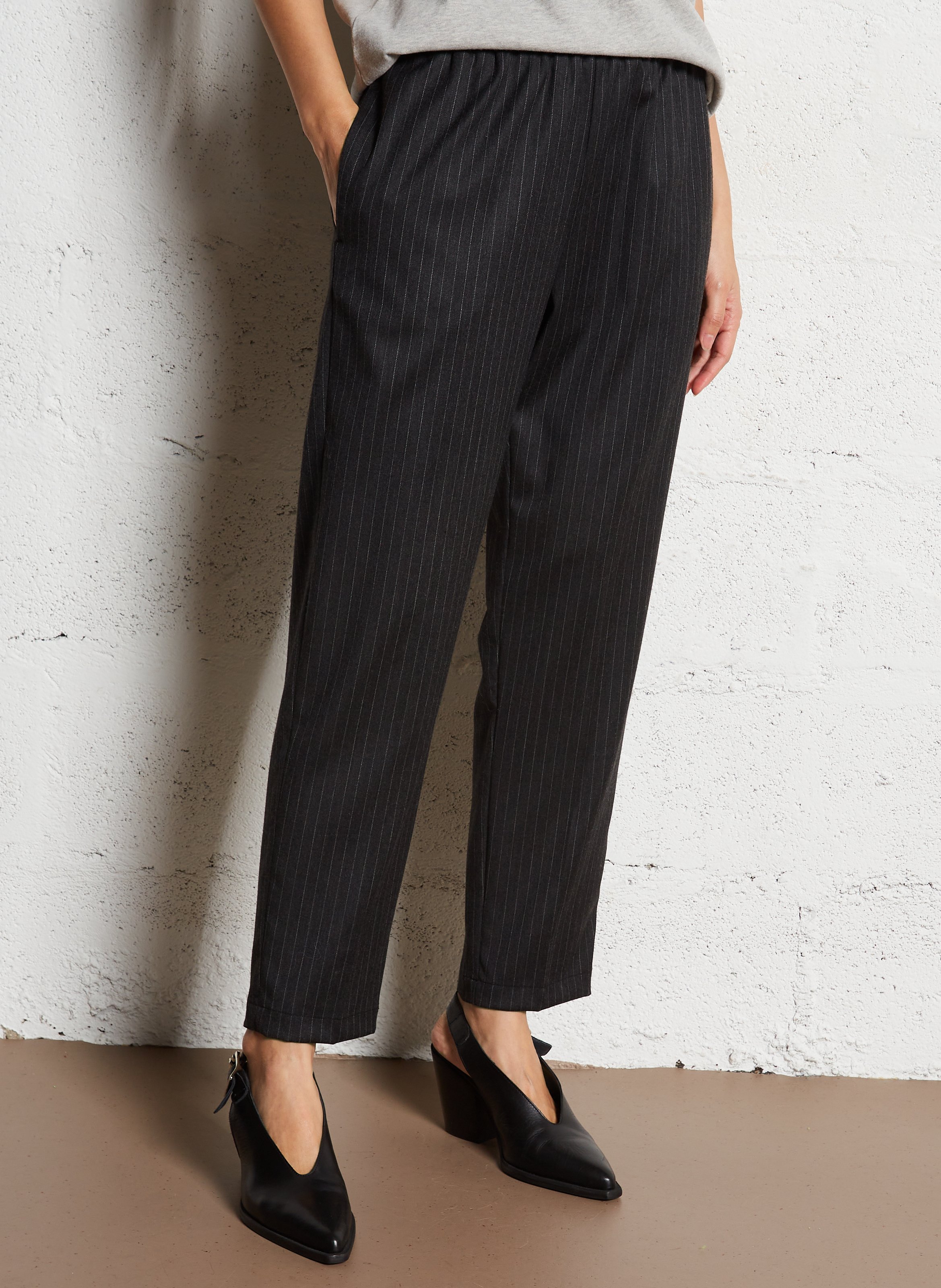 Pantalon carotte en laine mélangée à rayures POMANDERE Gris