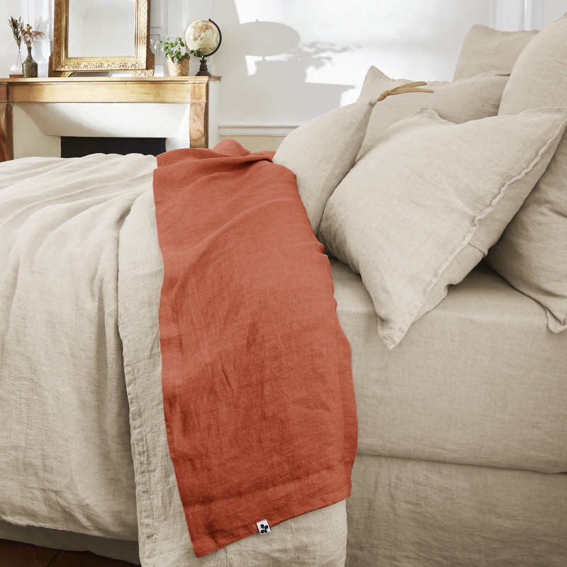 Flat sheet "soline" in washed linen, all sizes L'EFFET PAPILLON Orange