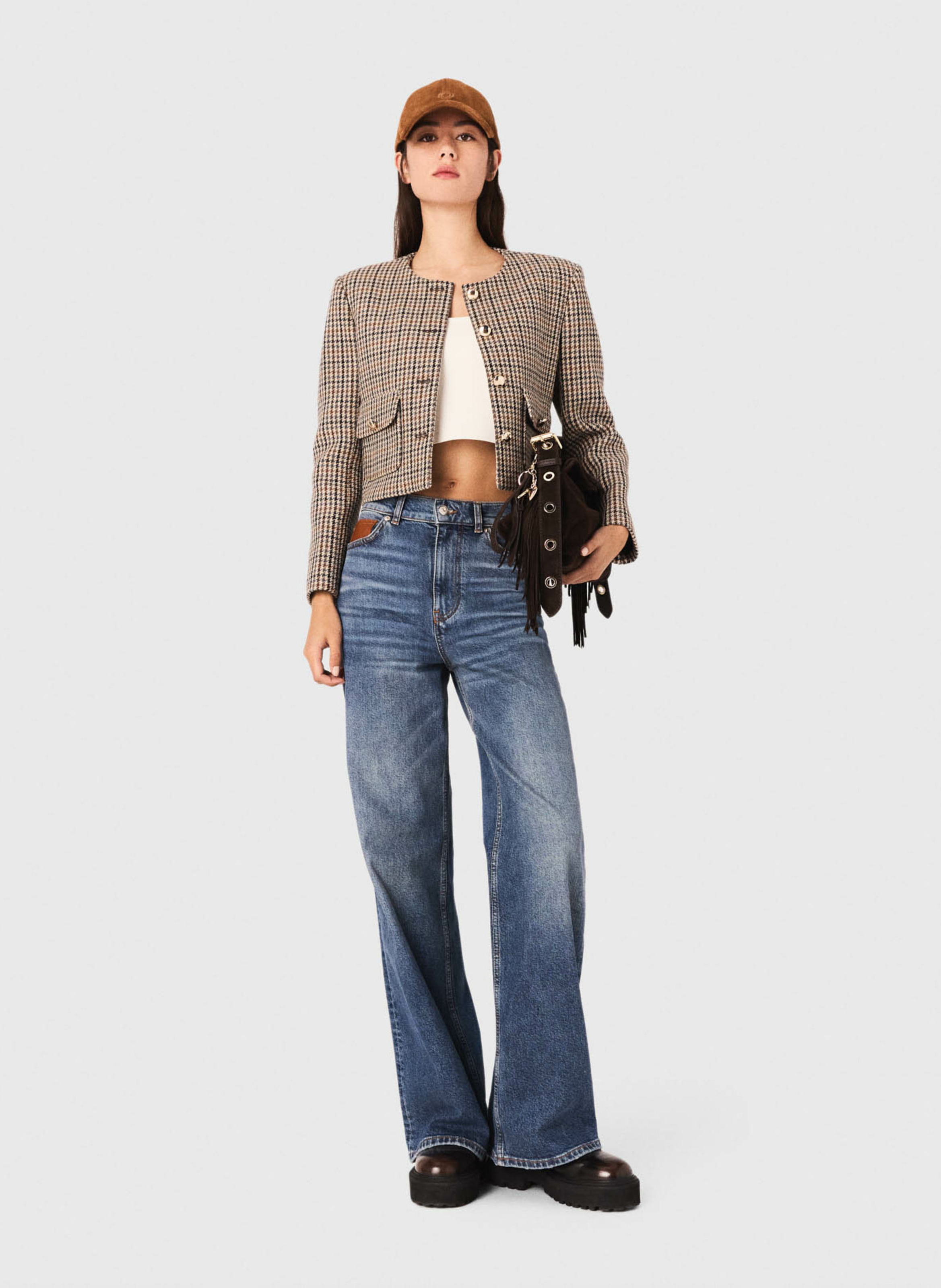 Veste courte à carreaux MAJE Beige