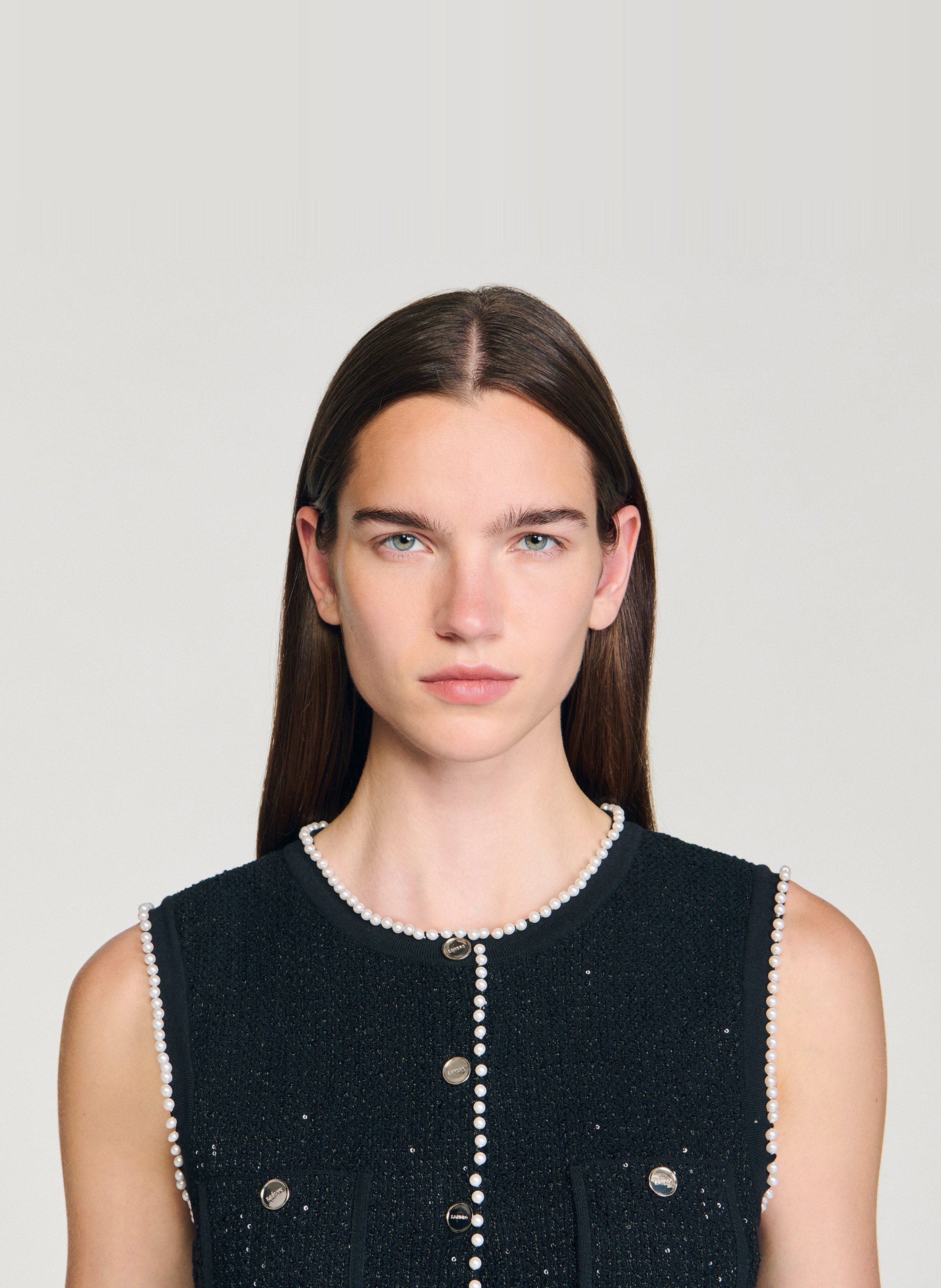 Cardigan boutonné en tweed fantaisie SANDRO Noir