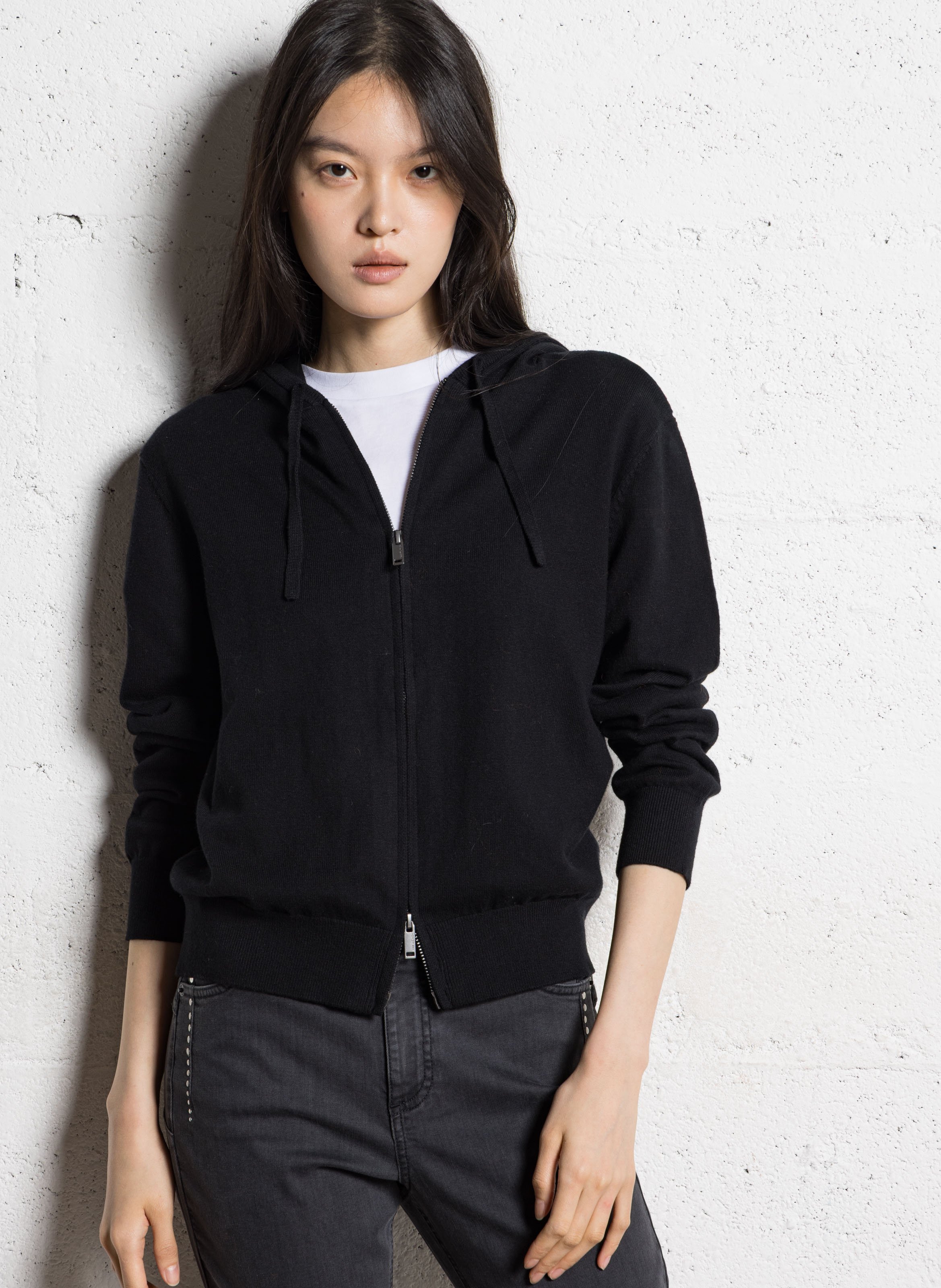 Straight hooded vest in cotton and cashmere IKKS Black