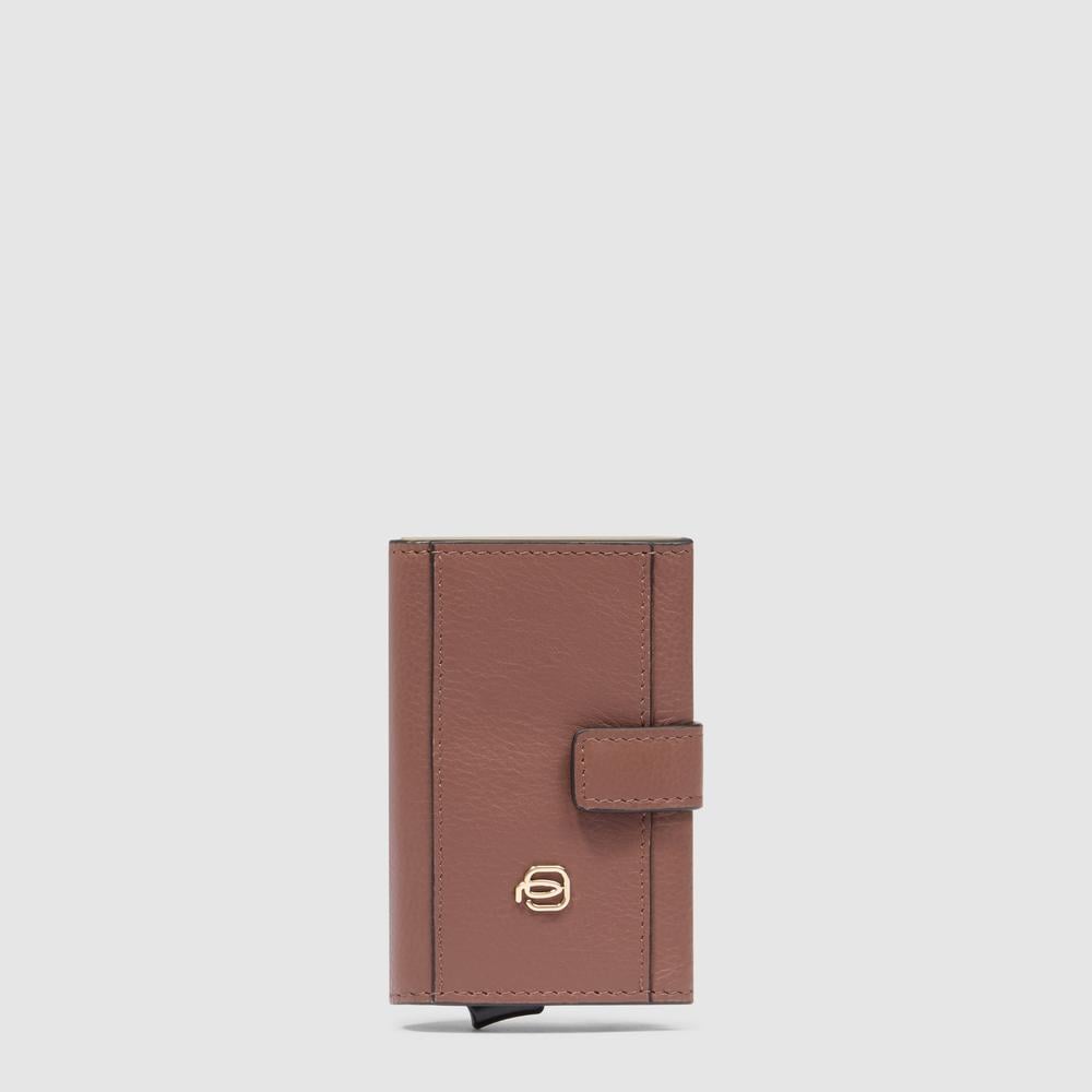 Automatic flap card holder in leather and metal with RFID protection PIQUADRO Brown