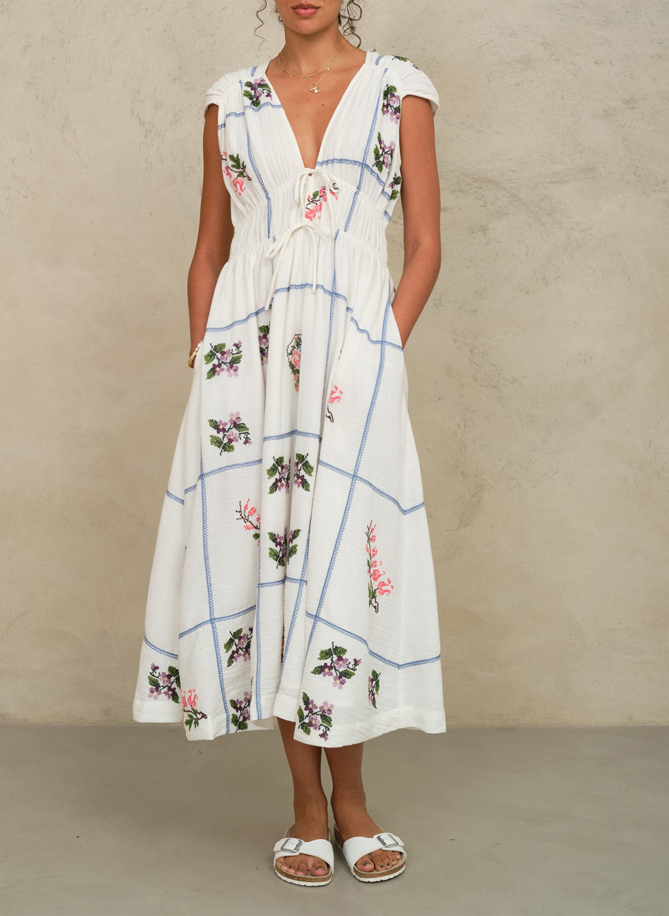 Robe midi col V en coton M.A.B.E Multicolore