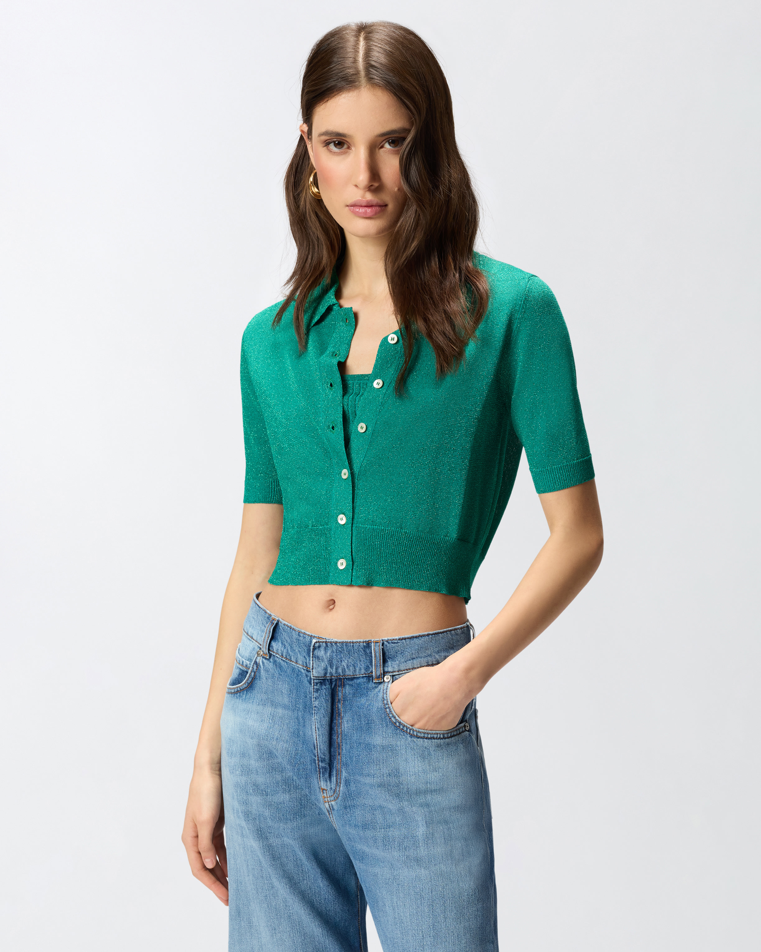 Cardigan cropped à manches courtes et petit col PINKO Vert