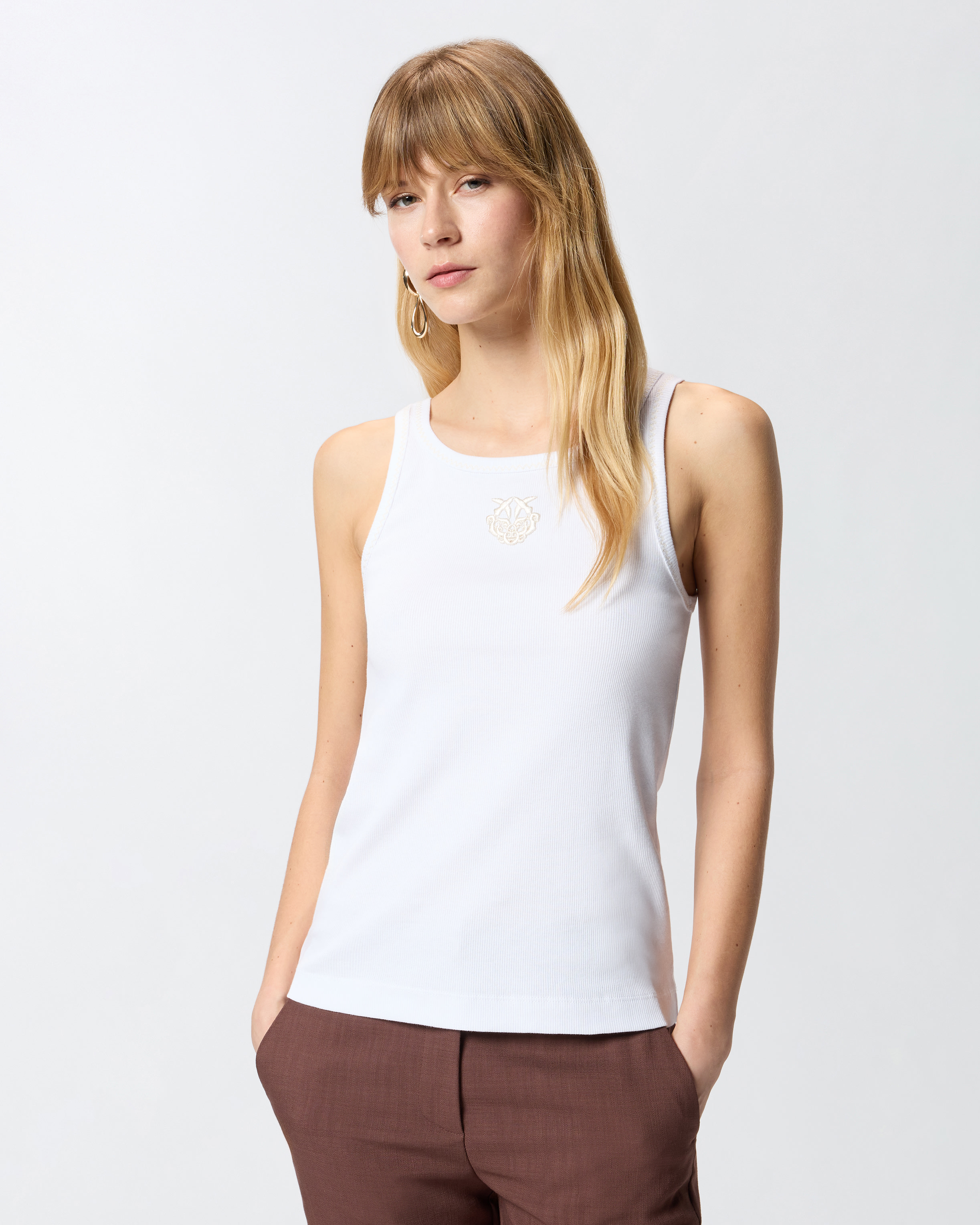 Ribbed knit tank top with love birds embroidery White