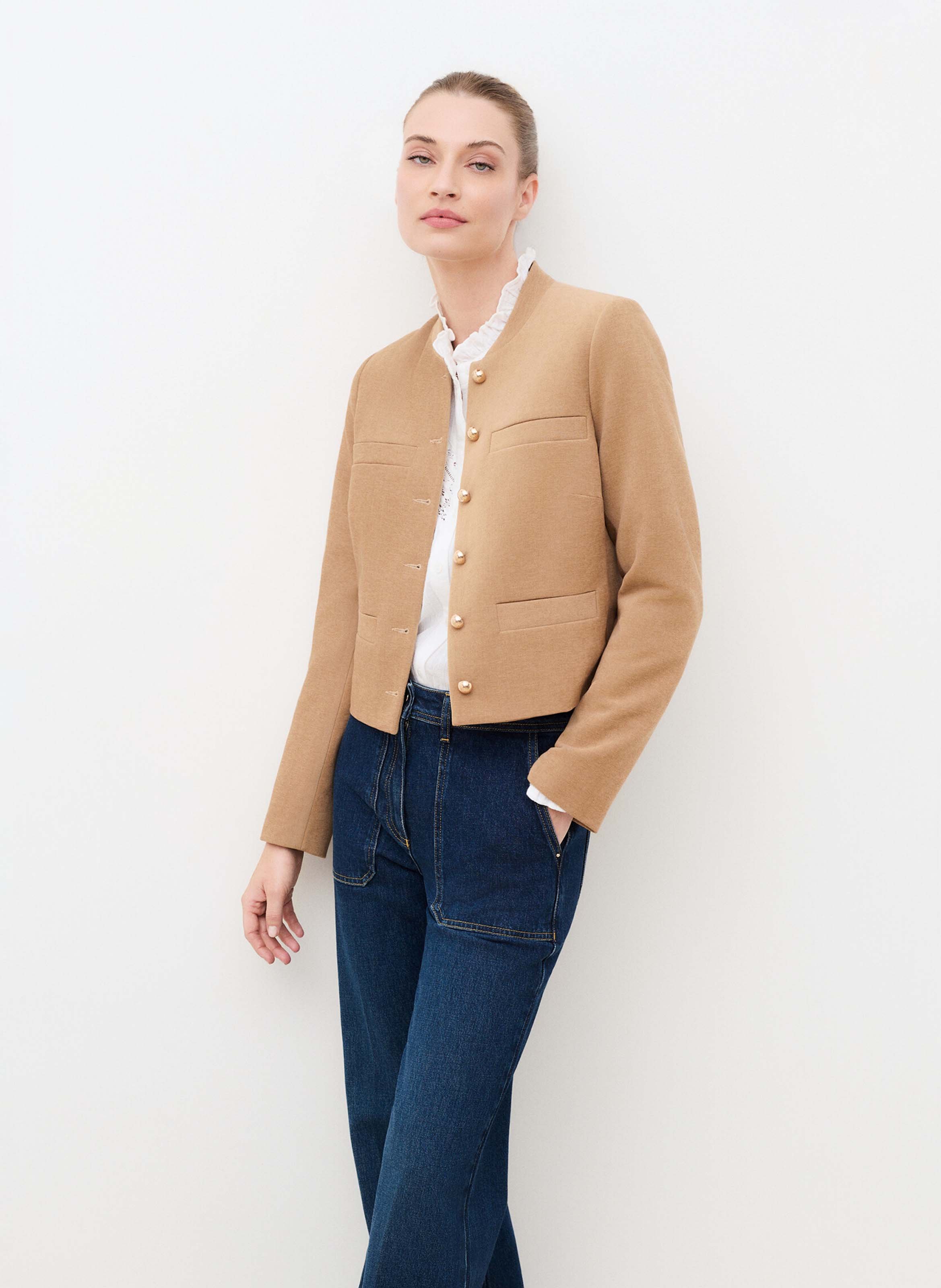 Solid Buttoned Straight Jacket CAROLL Brown