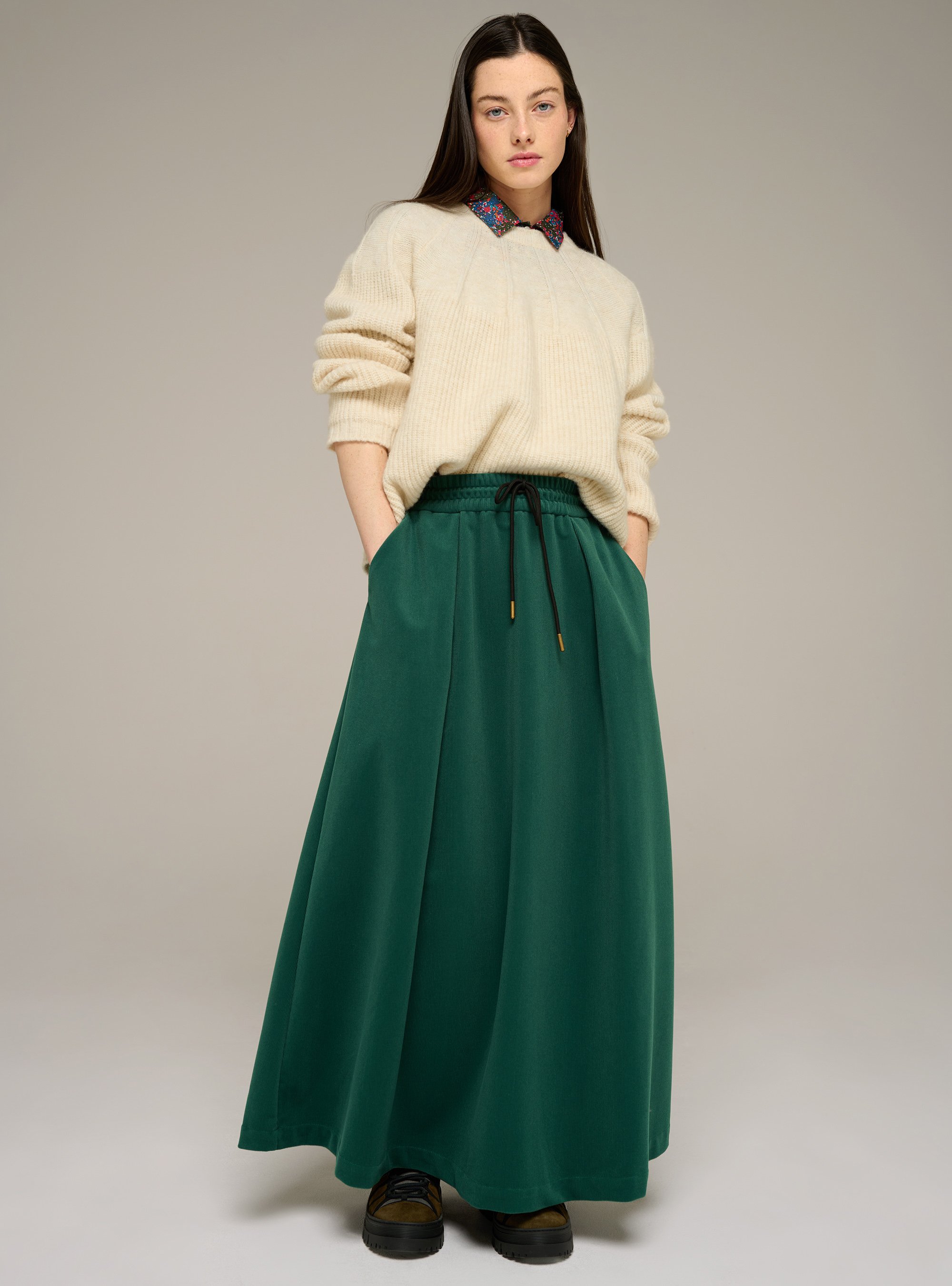 Long flared corduroy skirt COTELAC ACOTE Green