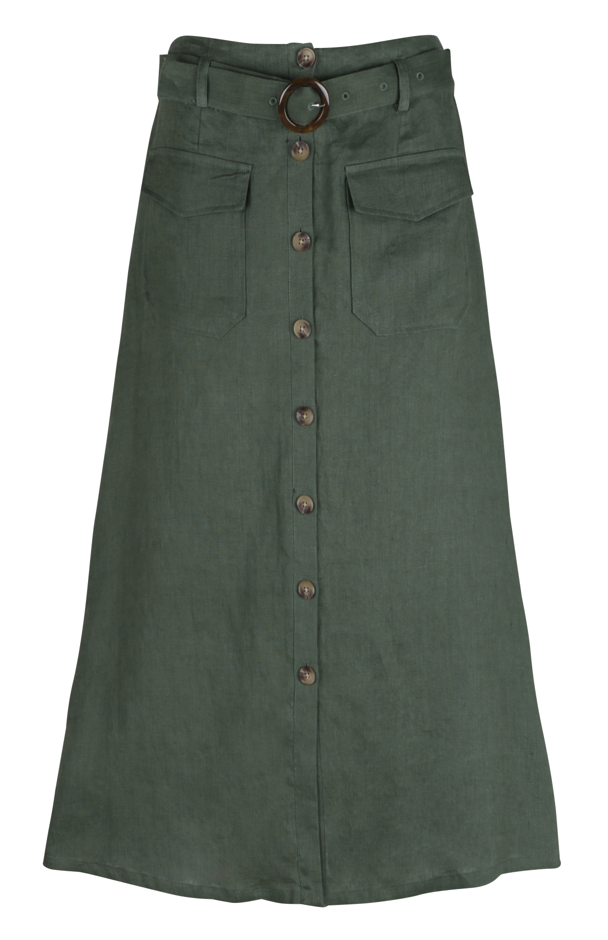 Straight high-waisted linen skirt with belt CAROLL Green