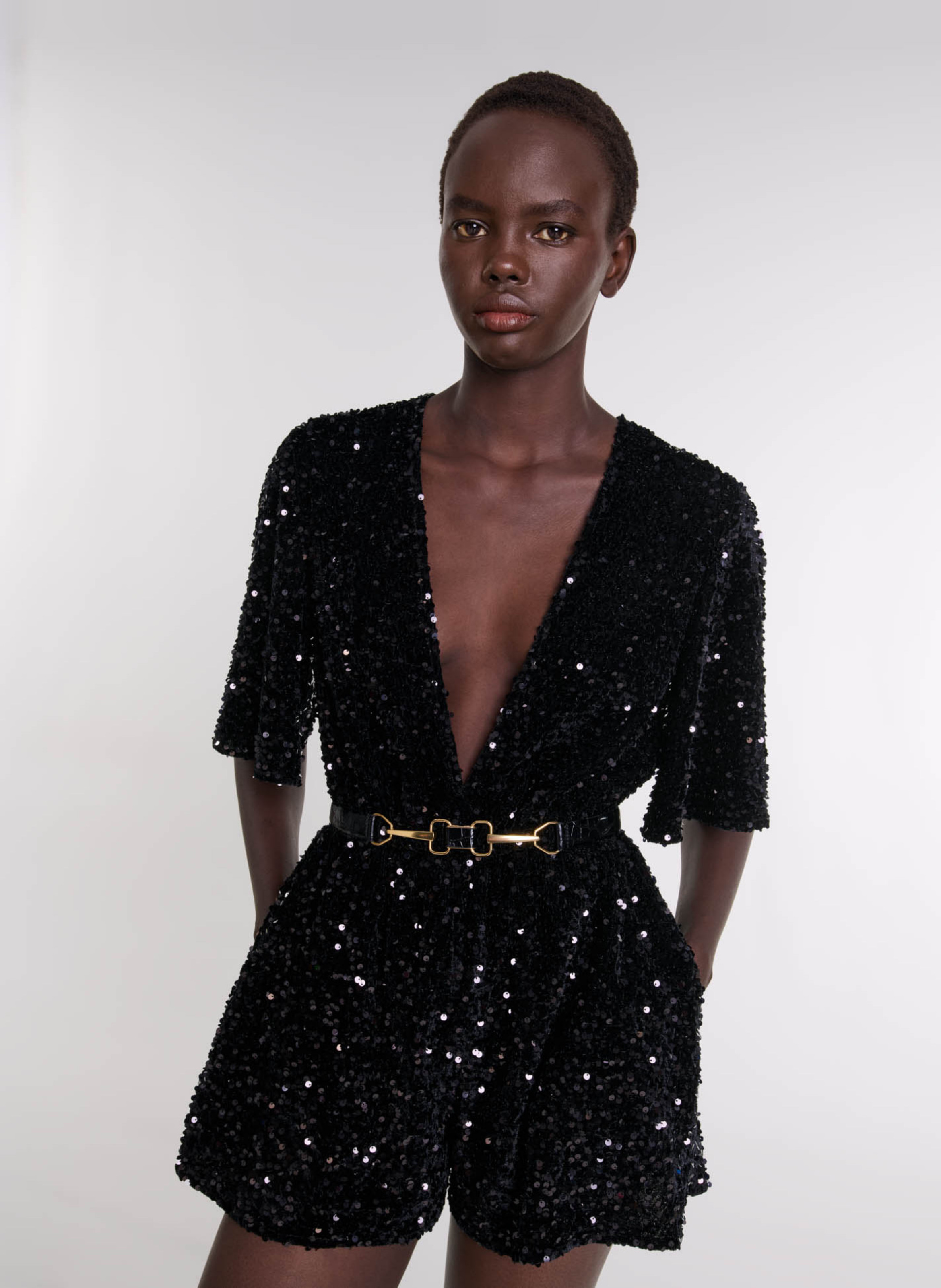 Black V neck sequin playsuit