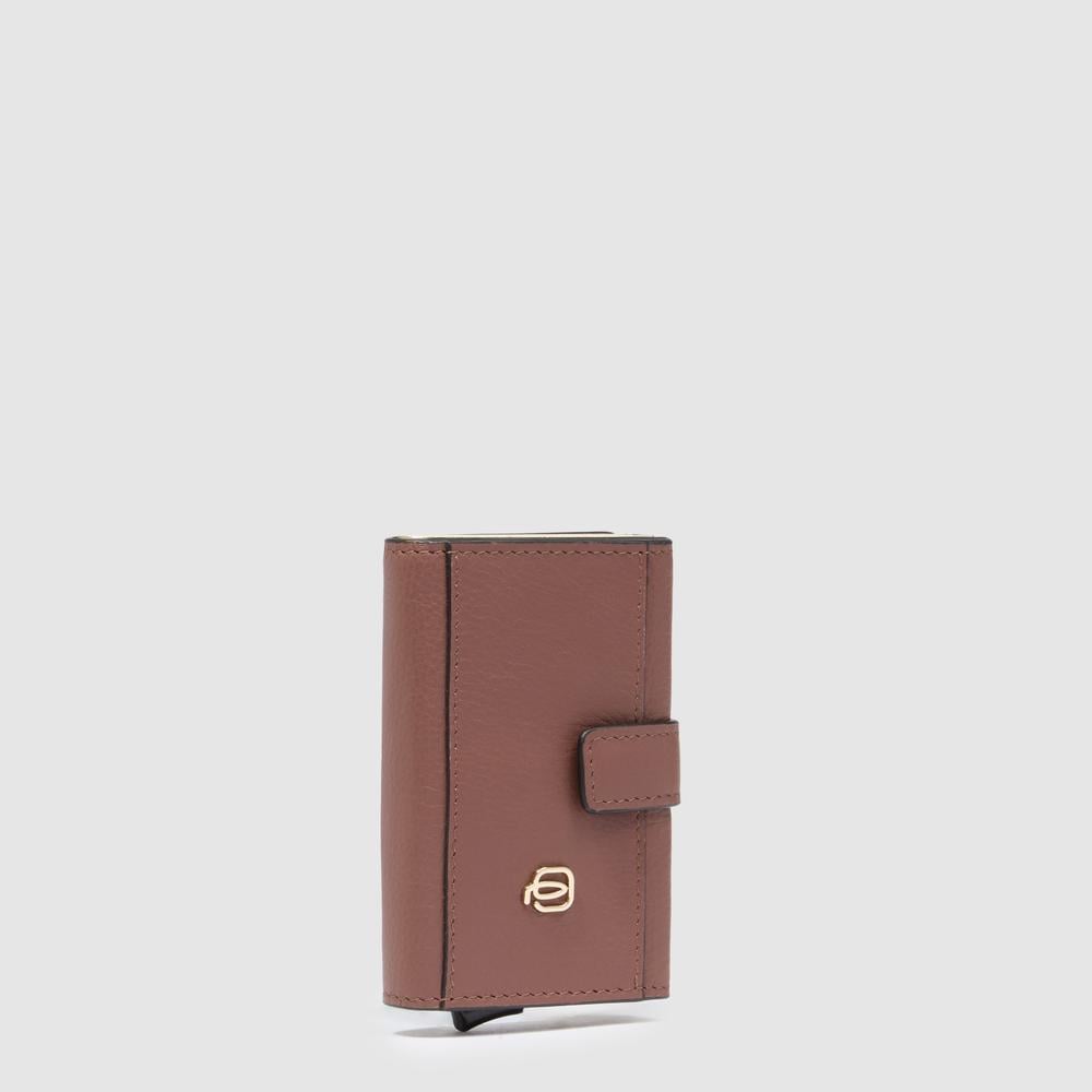 Automatic flap card holder in leather and metal with RFID protection PIQUADRO Brown