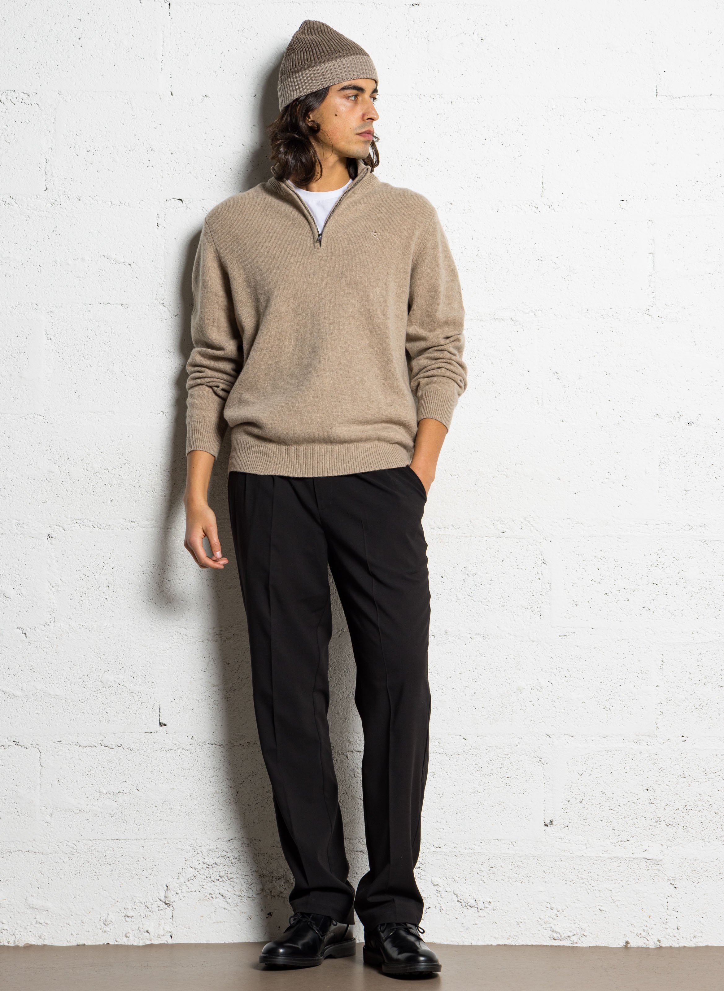 Pull col montant zippé en laine HACKETT Marron