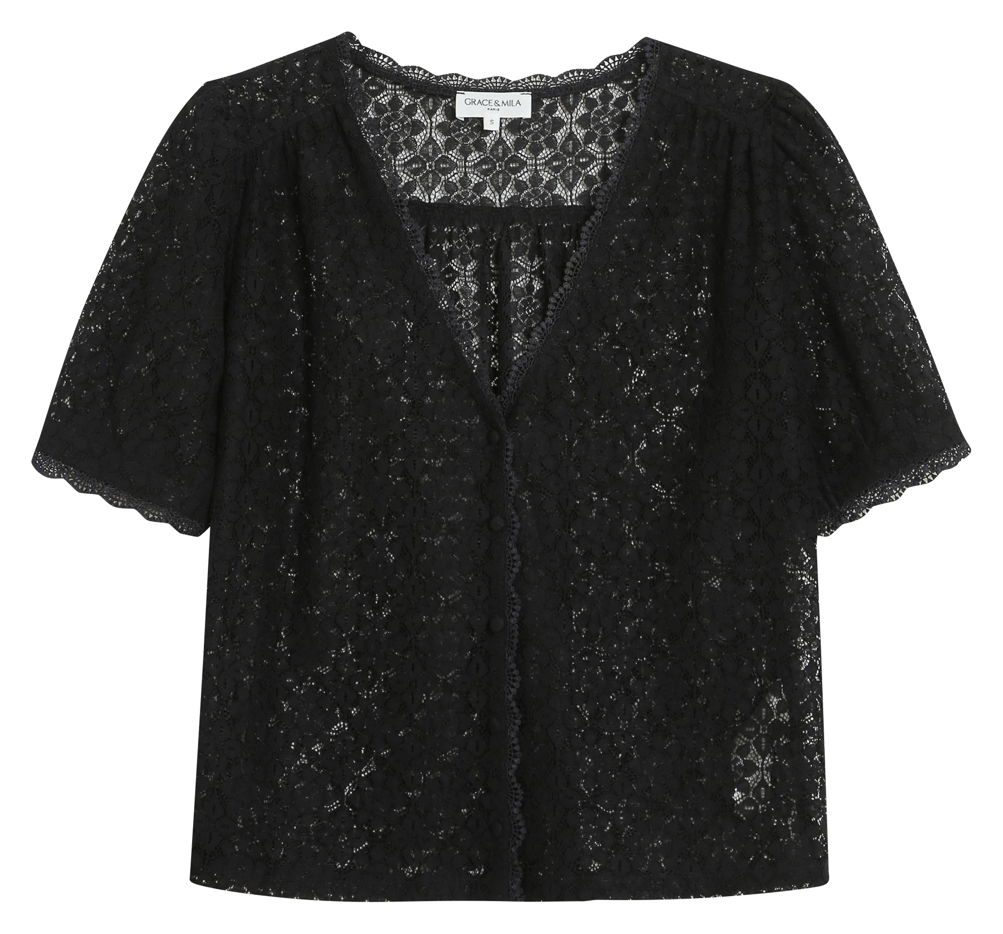 Top met V-hals en knopen van kant GRACE ET MILA Zwart