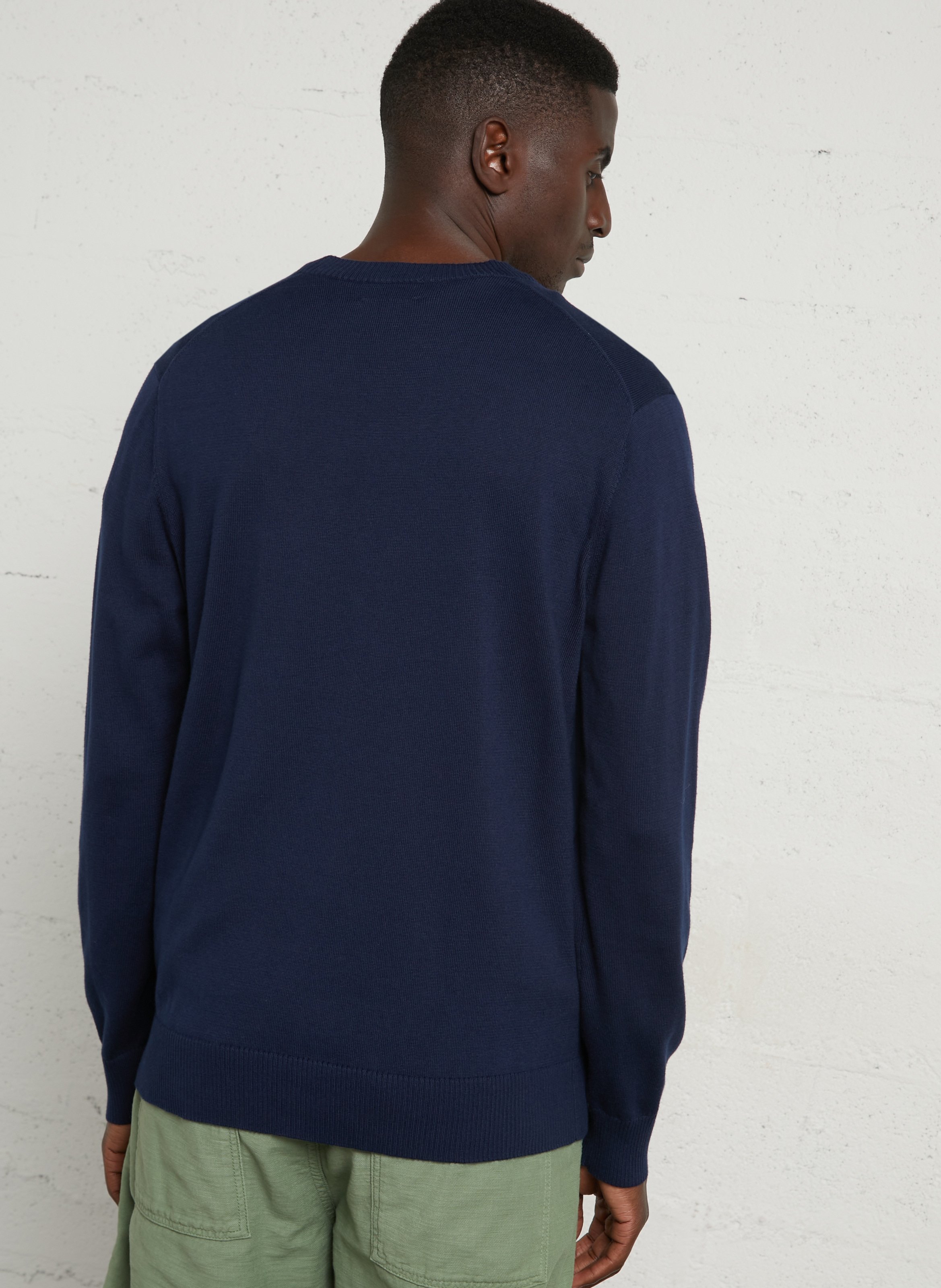 Embroidered straight cotton sweater with round neck HACKETT Blue