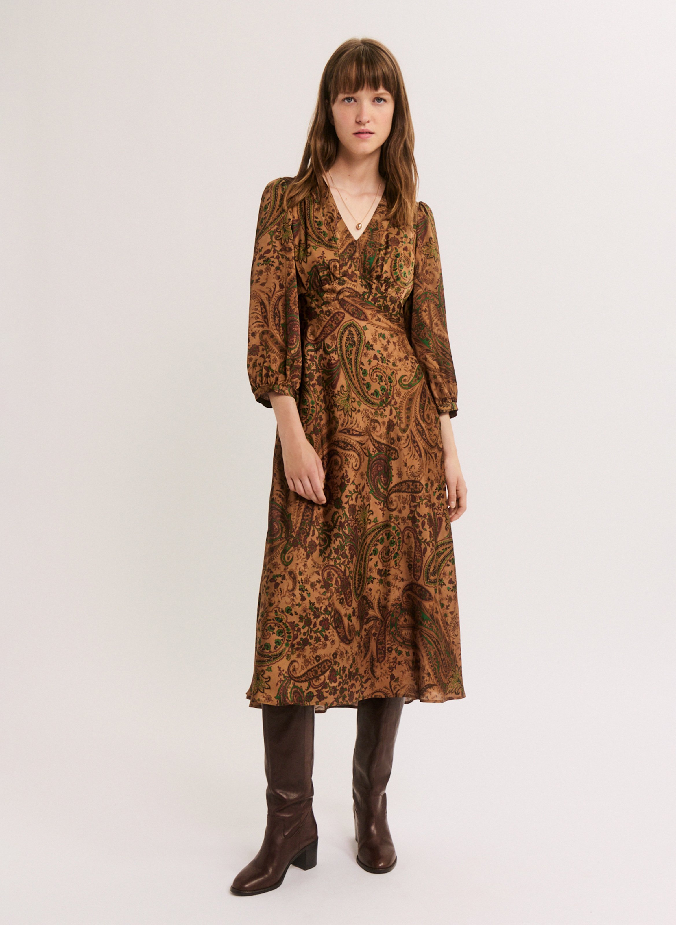 Robe midi cintrée fluide PABLO Marron